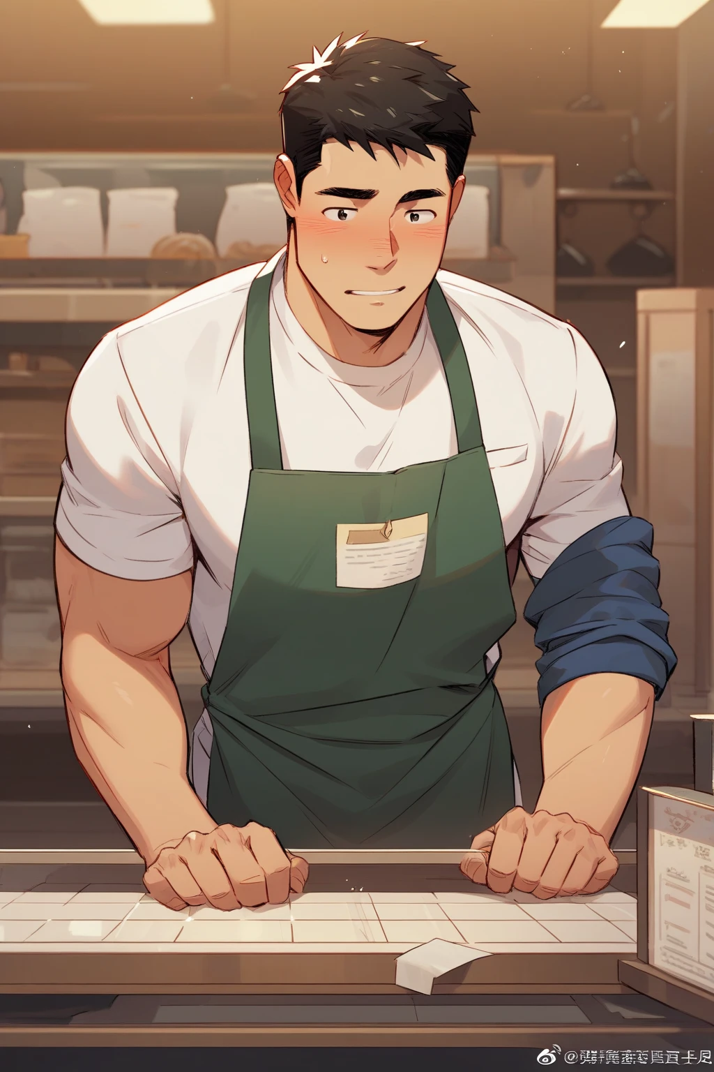 vane /(granblue fantasy/)、muste piece, ,NSFW,best quality,male,solo,beautiful detailed skin、Glittering oiled skin,blush、(black apron, cafe uniform,detailed face,blush,Panting、orgasm:1.2), complicated and elegant、sexy、 Strong muscles、spread legs,(anal,penis,sex,projectile cum,semen,:1.3),kitchen