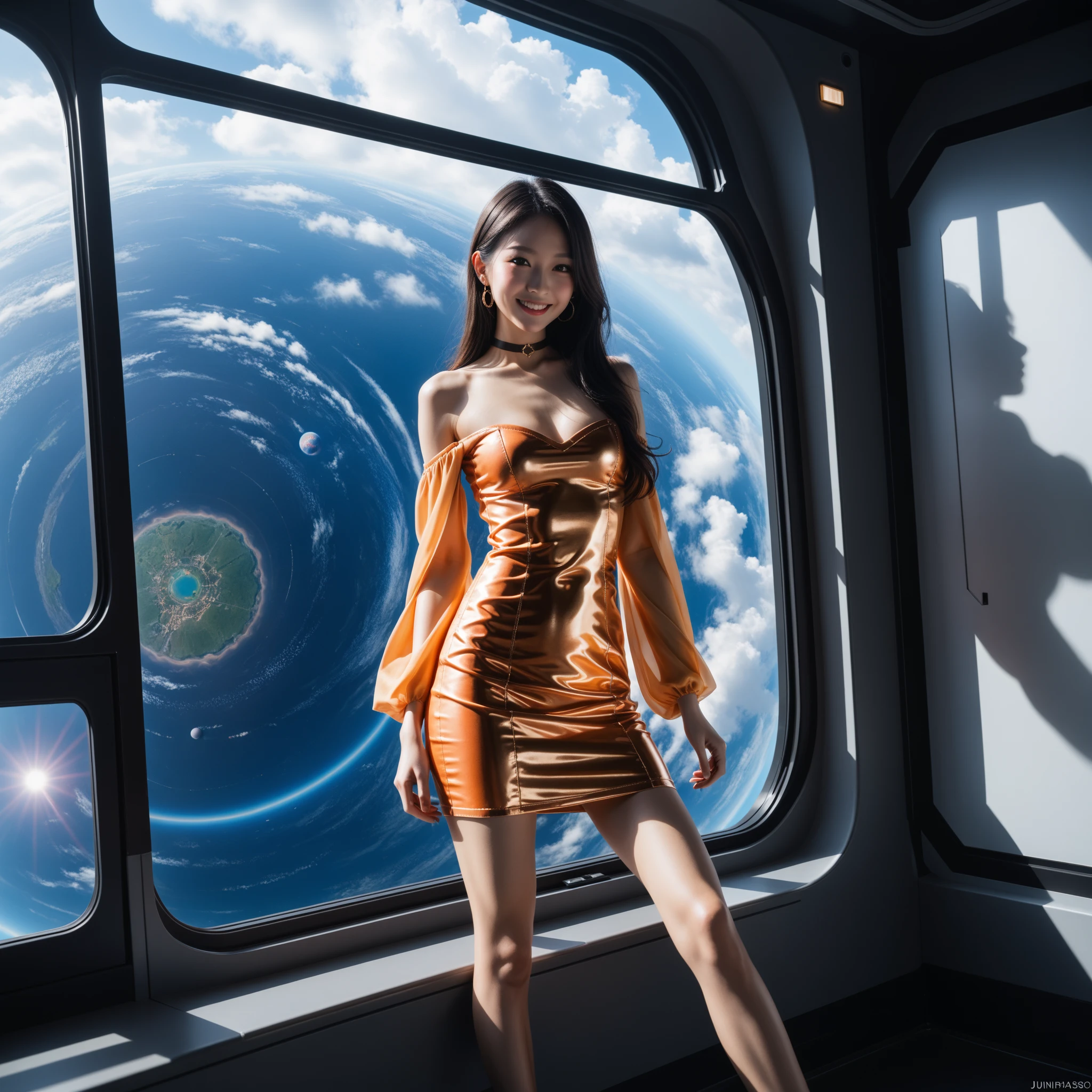 score_9, score_8_up, score_7_up, score_6_up, contrast, slim excited woman in sheer dress, sitting, luxurious rococo room, space station porthole, stars, planets, flowers,  plants, Jose Parra style
