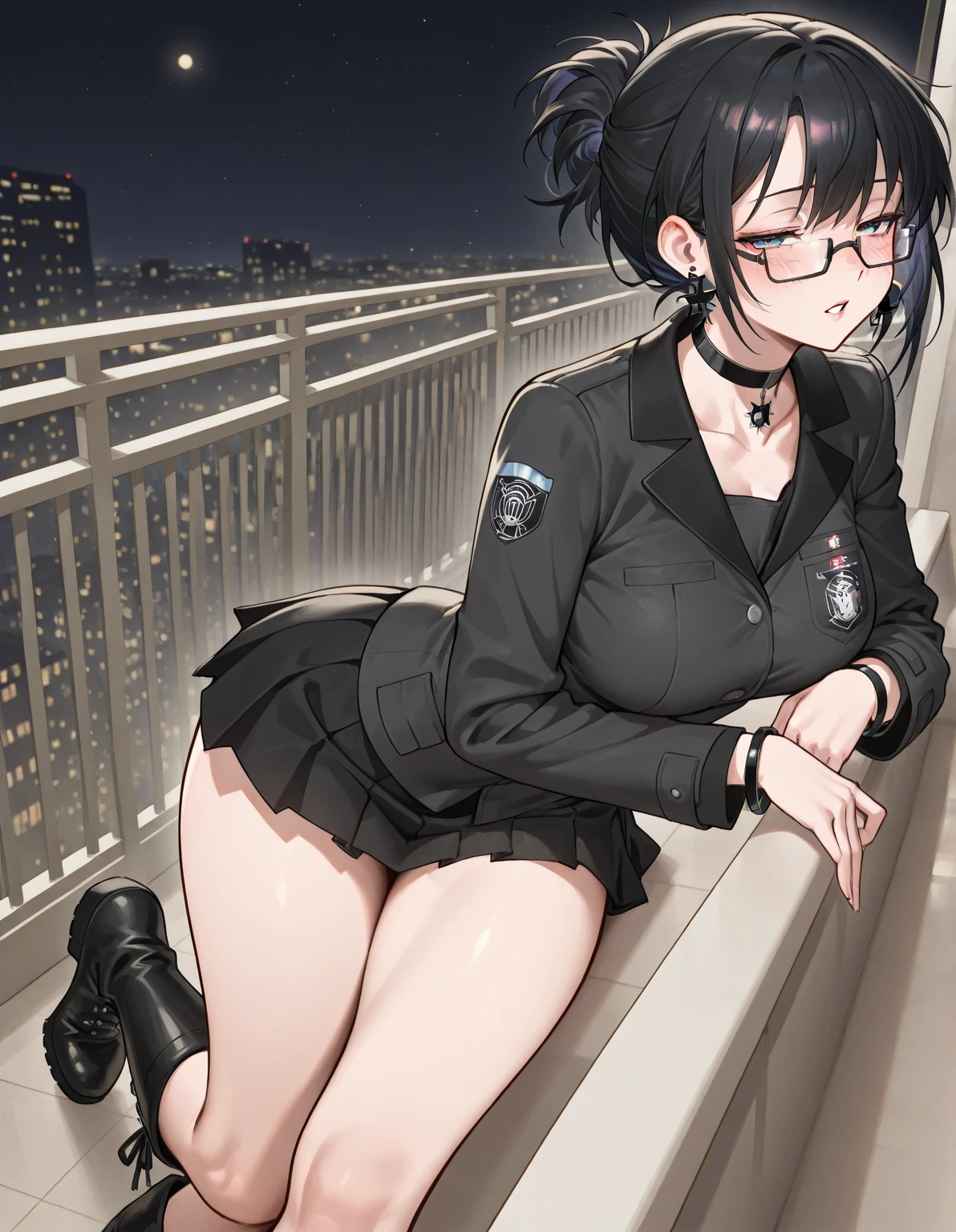 Adult woman, black hair, ponytail, teacher, formal suit, mini skirt, glasses, notebook in right hand, school corridor, large breasts, squatting to show panties, serious expression