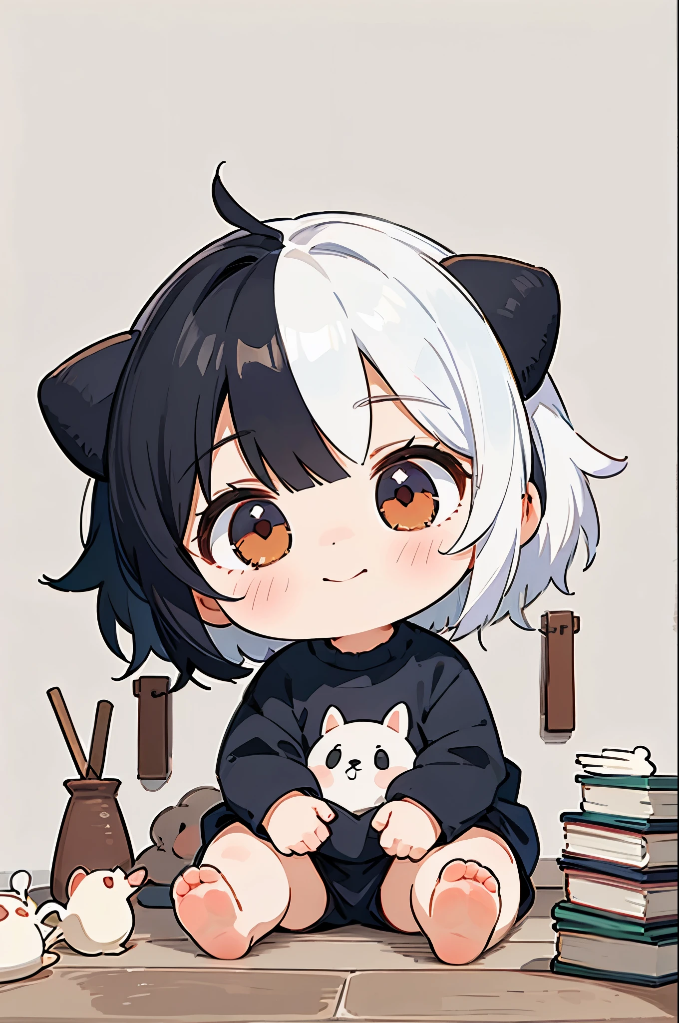 (high-quality, breathtaking),(expressive eyes, perfect face) portrait, Symmetrical Eyes, 1girl, solo, 1 month old, black and white hair, red coloured eyes, short hair, fluffy hair, baby face, grey background, wooden floorboard, stone wall background, detailed eyes, sitting in a pile of blankets, black shirt, black shorts, cute smile, books, dog plush, two tone hair, half black half white hair color, multicolored hair, black hair, white hair,