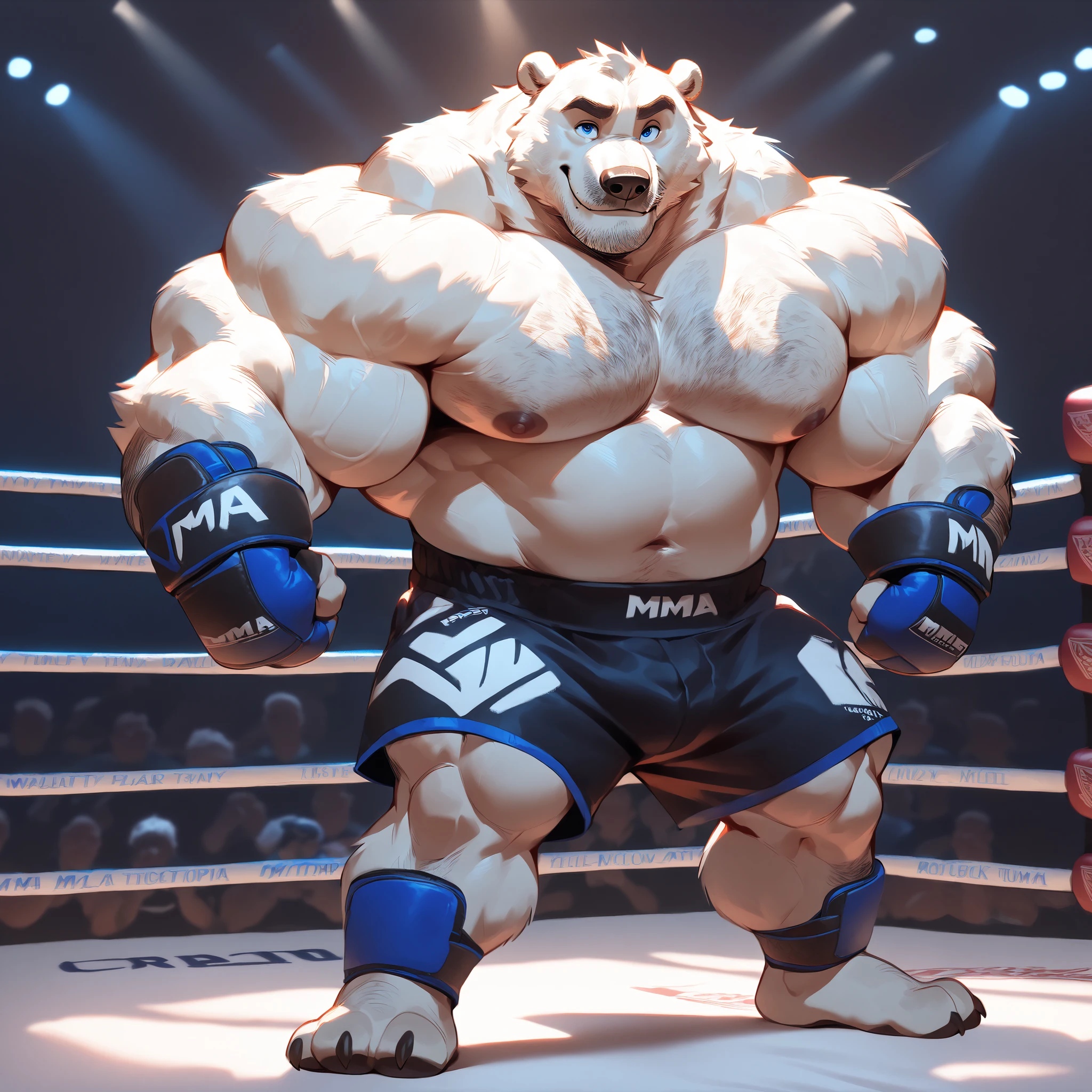 bara polar bear, strong physique, perfect anatomy, masterpiece, gray moustache and beard, wrinkles huge white fur, solo, added eyes with blue pupils, great lighting, black MMA shorts with blue slits, MMA fingerless gloves with blue kuckle pads, ankle support foot brace wraps, MMA fighting tournament, flexing a bicep, topless, hyper muscular, height: 7ft, weight: 350lbs, thick arms, huge pectoral, Walt Disney 2D Zootopia Animation Art Style