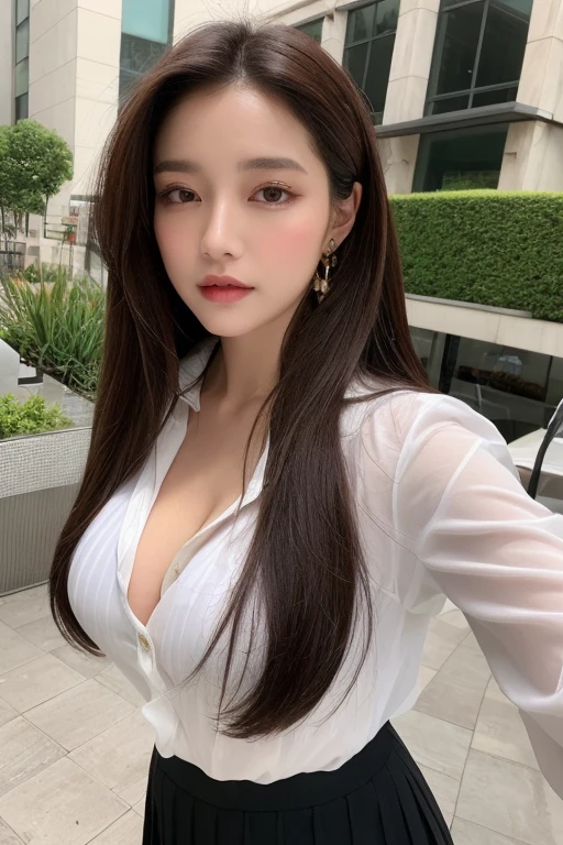 ((highest quality, 8k, masterpiece :1.3)), One Girl, Selfie, close, close your eyes:1.2,Red lipstick, Slim face, Beautiful woman, Big Breasts:1.3,Pink blouse,Violet Flared Skirt,Highly detailed face, fine grain, double eyelid,  Blur the background, outside, street, sunny, Ocean, nature,Cafe, (Maximum resolution: 1.4), (Ultra high definition: 1.2), Cinematic Light, (Detailed eyesと肌), (Detailed facial features), 8k resolution, Perfect Style, Beautiful expression、Highly detailed faceと肌の質感、Detailed eyes、double eyelid、Glitter Eyeliner:1.2、((Pure white skin:1.2)),Glossy Lips:1.2、((Full Body Shot:1.2)),(Straight Hairstyles、Light brown hair)、One-length long hair、175cm,Slim Abs