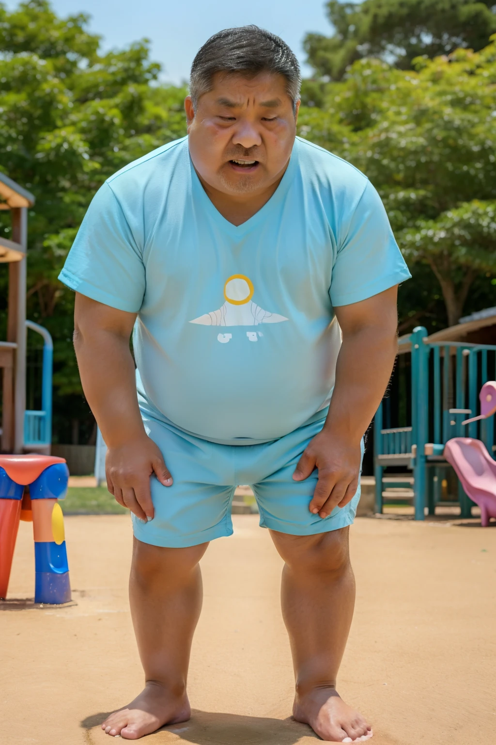 Thick Japan middle-aged man in his 50s, 1man, retarded, He wears a light blue shorts, Bare Thighs, Pampers, shirtsless, ((peeing self, wetting self, pee stains,)), ((trembling, fear expression, scared, looking at viewer)), kindergarten background, It's a sunny day, Incontinence, He stand and cried in playground, Full body, a picture, 8k, high detail photo, Masterpiece