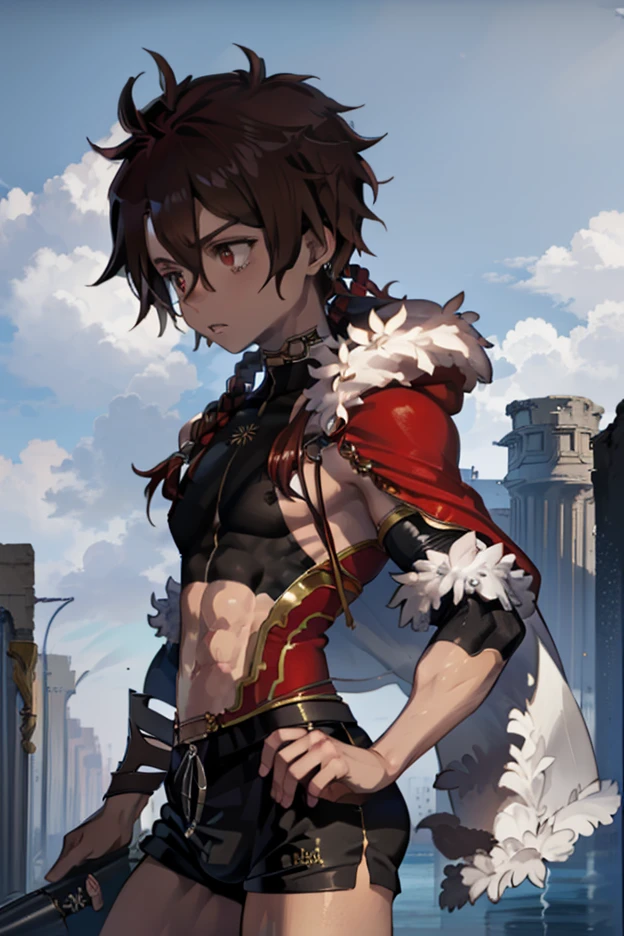 Alexander Fugo, 1 boy, masterpiece, best quality, actual, 14 year old Macedonian boy, Very, very handsome, perfect face, cute face, fur-trimmed cape, crop top, struggle, looking at the audience, battlefield, soft light, Front view, Professional photography, Exquisite details, high resolution, 8K Ultra HD,