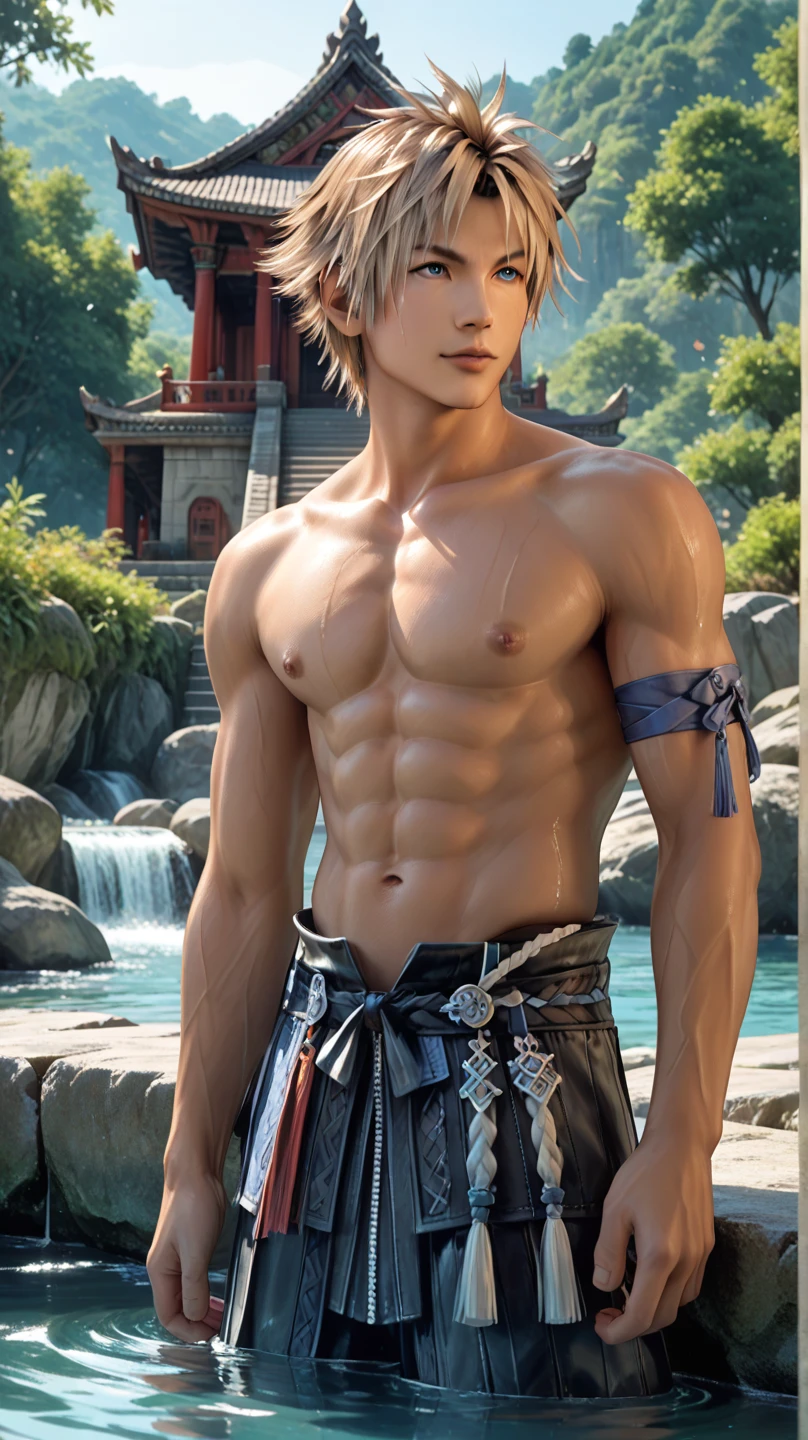 Kyojuro rengoku with perfect defined physique without shirt , defined and attractive physique , training with sword , at a forest