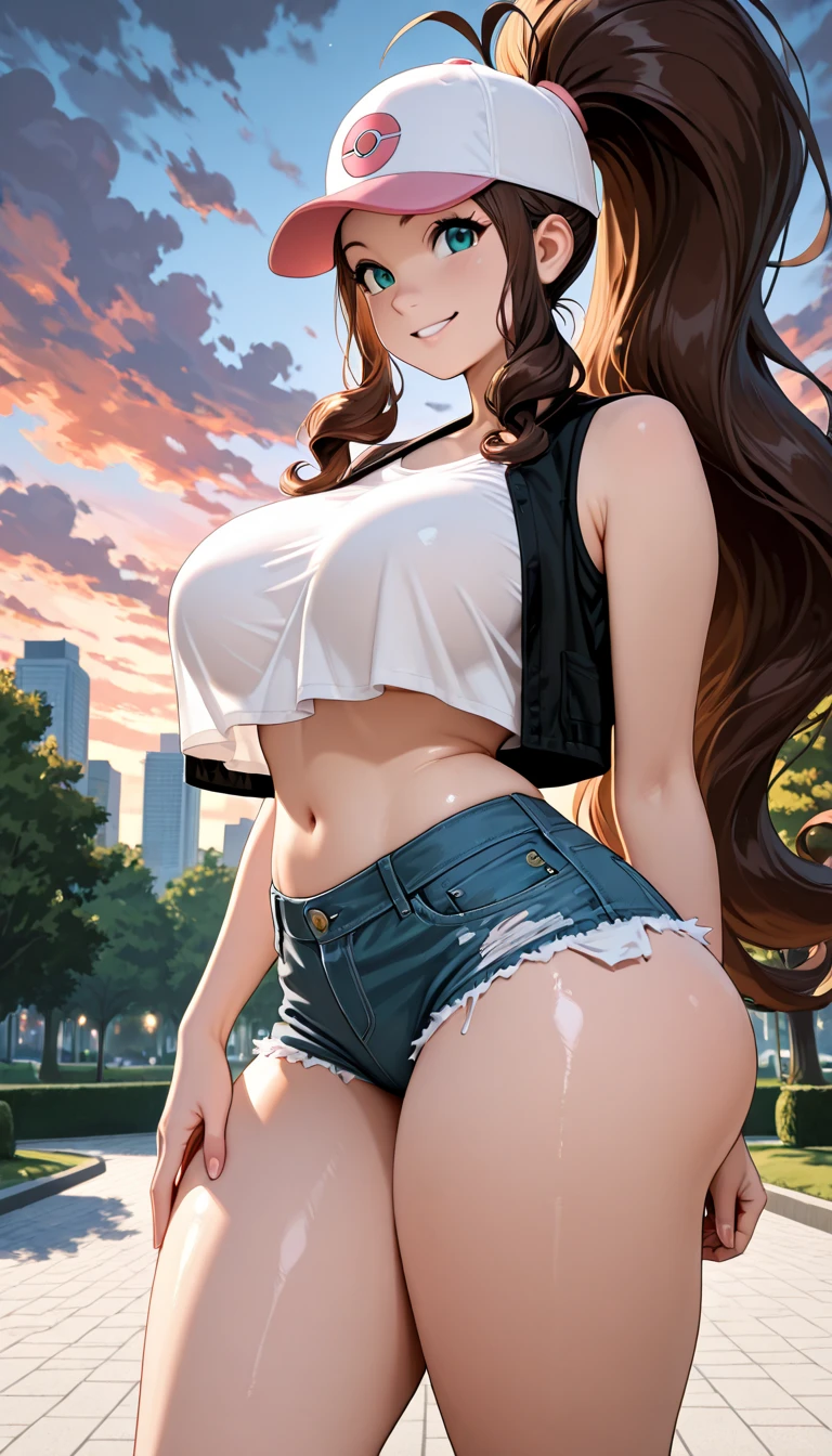 best quality, 8k, 19 year old girl, long brown hair, pink shirt, black shorts, white sneakers, brown eyes, Huge breasts, thick thighs, sitting on top of city buildings