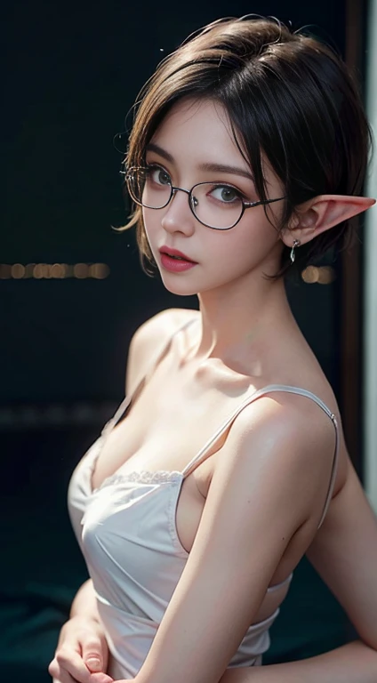 ((masterpiece,best quality)), highres, extremely detailed 8K wallpaper, depth_of_field, best shadow, (Colorful),(Delicate eyes and face), nice hand, Perfect hands, (Perfect lighting), Ray tracing, BREAK
1 cute elf race. sexy girl (18yo) glasses, dark eyes, upper body, slim waist, natural medium breast, sexy pose, seductive expression, bangs, random hairstyle, cleavage, navel, collar, collarbone, off shoulder, seductive smile, , naked, pink , wear unique helmet, random light color, upper body. flat gray color for background