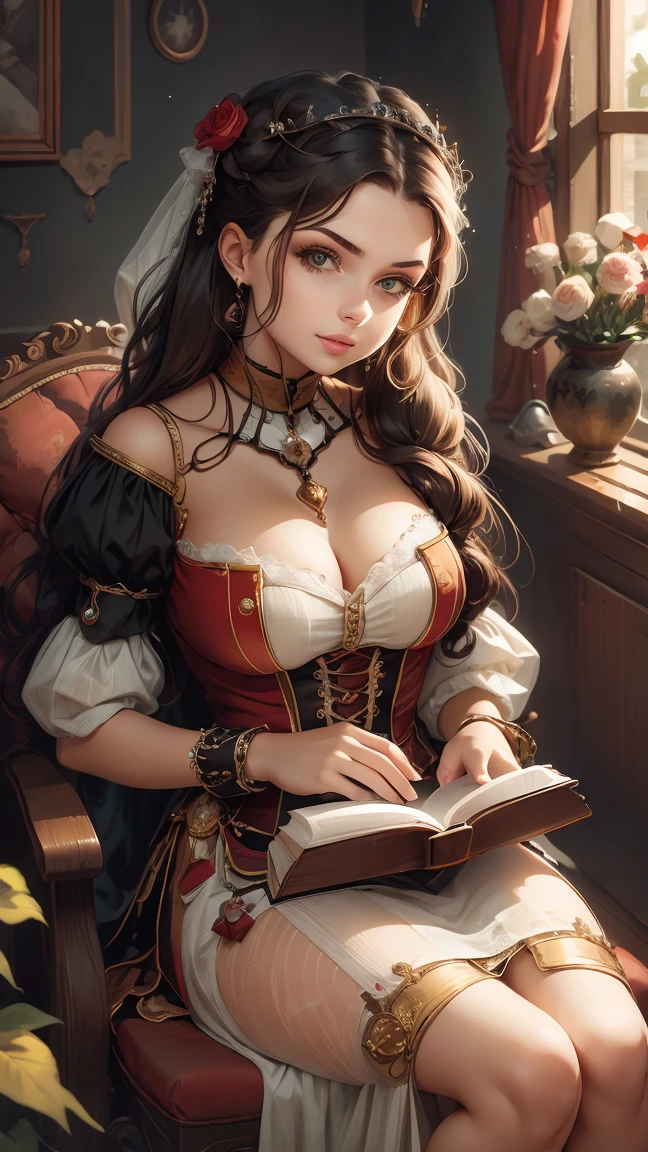 masterpiece, hyper photorealistic, renaissance style, Lost in thought while writing a letter, super ultra huge enormous breasts, super detailed, high definition