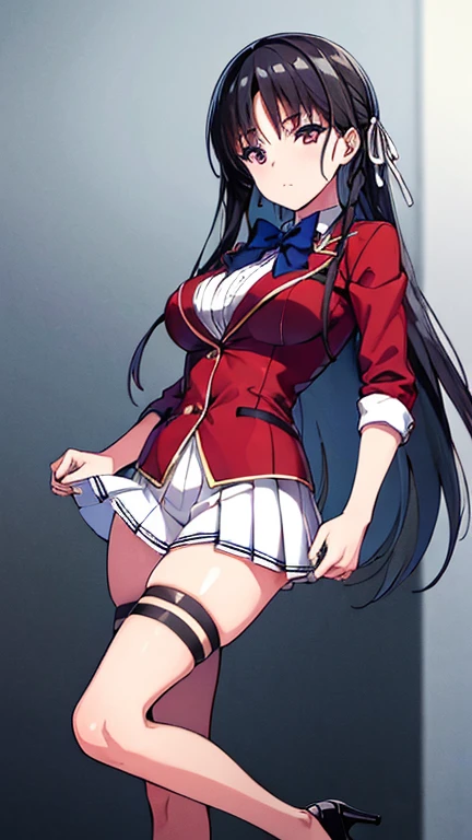 (nsfw)(masterpiece), Super detailed, High resolution, Best illustrations, Ultra-fine illustrations, (Official Art:1.2), (Anime screenshots:1.2), Beautiful face and eyes in every detail, Anime key visual, Perfect Anatomy, 8K Portrait,
One girl,
suzune horikita,
suzune horikita \(youjitsu\),
Long Hair, Braiding,
Black Hair,
(Red eyes:1.2), Slanted Eyes, Small eyes,
Blue ribbon,
Medium chest,
(,Red jacket, Black thigh-high socks),
BREAK Watch Viewers,
Cowboy Shot,
Perfect light,
Indoor Background, School building, ((White panties,undressing,))