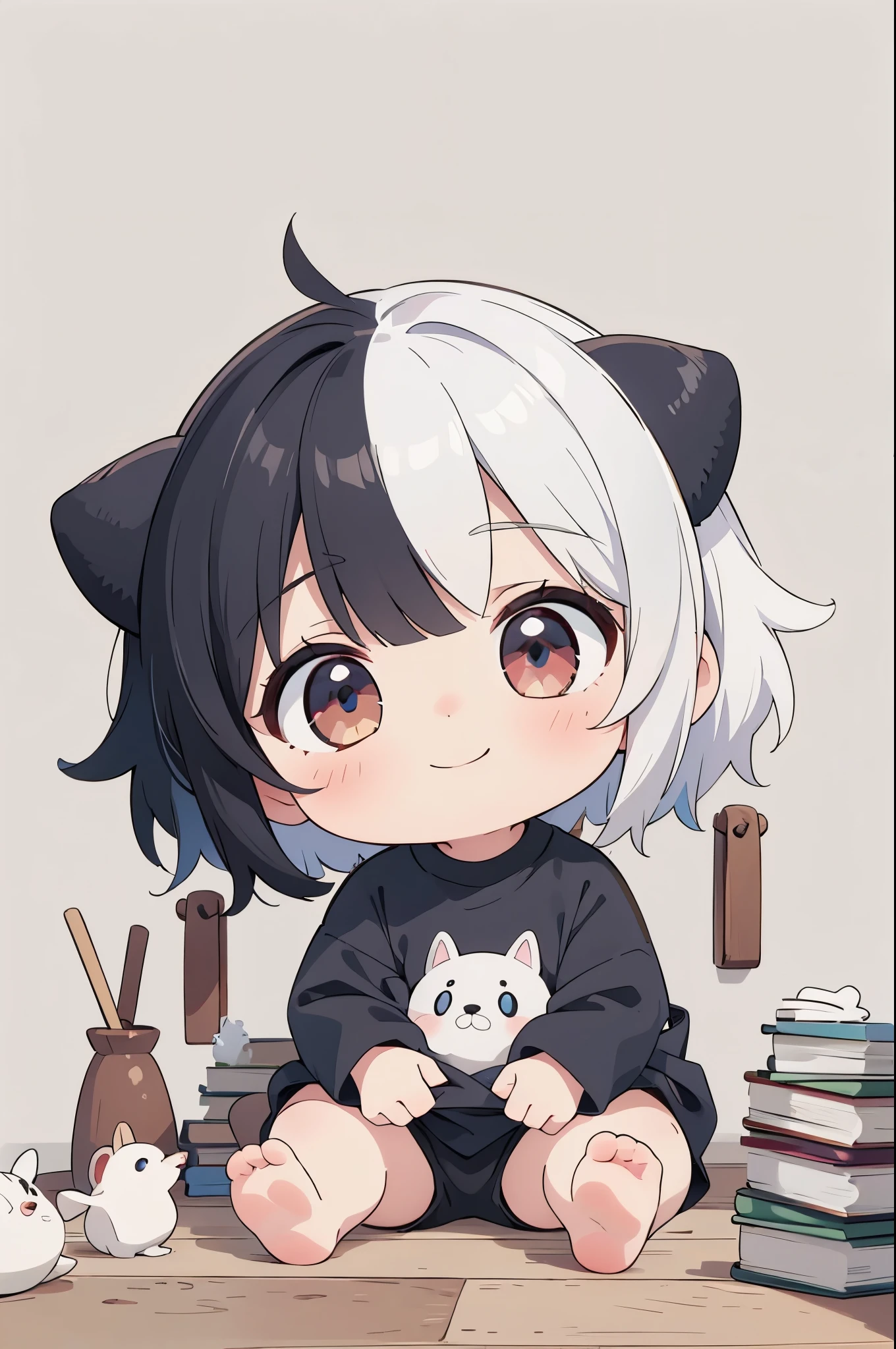 (high-quality, breathtaking),(expressive eyes, perfect face) portrait, Symmetrical Eyes, 1girl, solo, 1 month old, black and white hair, red coloured eyes, short hair, fluffy hair, baby face, grey background, wooden floorboard, stone wall background, detailed eyes, sitting in a pile of blankets, black shirt, black shorts, cute smile, books, dog plush, two tone hair, half black half white hair color, multicolored hair, black hair, white hair,