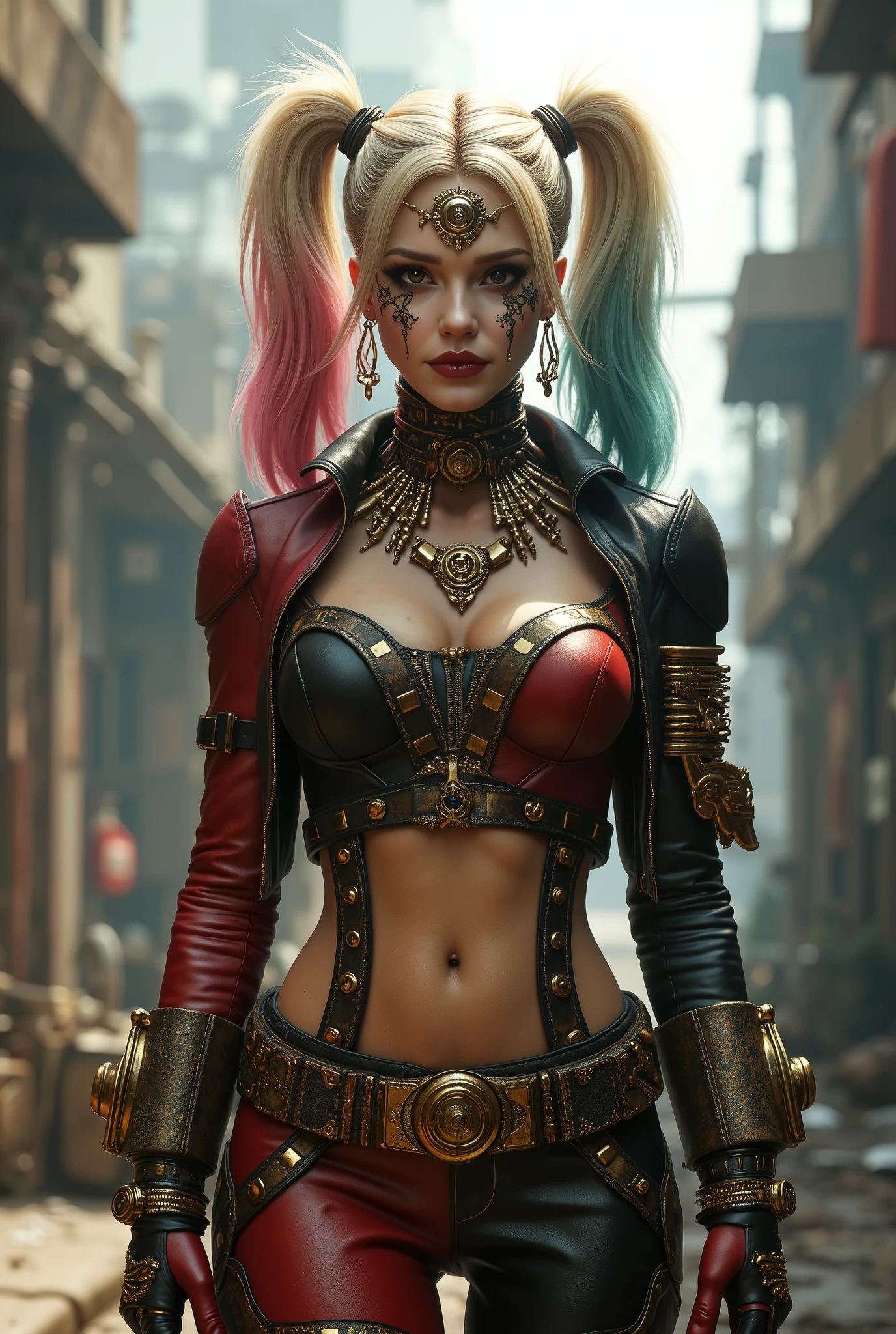 Harley Quinn and a skull face surrounded by skulls, portrait of Joker, grotesque Harley Quinn, portrait of Harley Quinn, Dan Mumford and Peter Mohrbacher, portrait of a Harley Quinn, remarkable Joker makeup, scary detailed art in color, Peter Mohrbacher and Dan Mumford, epic digital art, beautiful digital artwork, Dan Mumford and Alex Grey style, Joker, Harley Quinn, digital illustration, (best quality, 4k, highres, masterpiece:1.2), ultra-detailed, (realistic:1.37), HDR, studio lighting, physically-based rendering, extreme detail description, professional, vivid colors, bokeh, portraits, horror, concept artists, gothic, vibrant, intense lighting, contrasting colors.