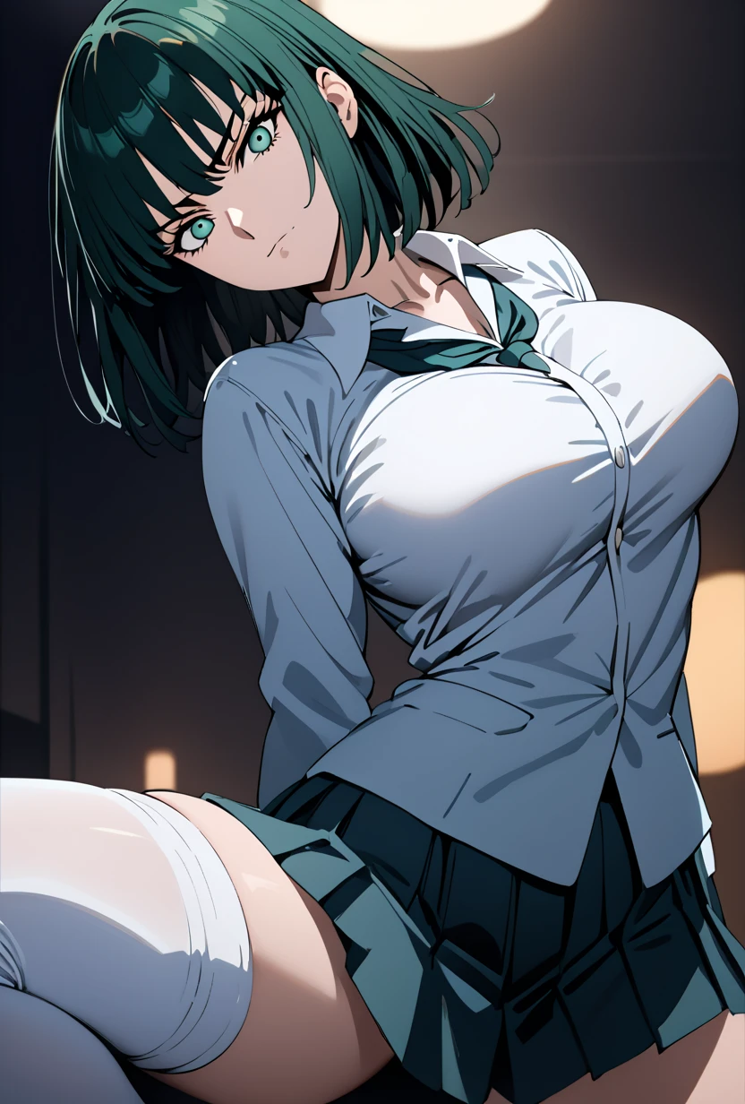 (masterpiece:1.2), best quality, high resolution, unity 8k wallpaper, (illustration:1.0), (beautiful detailed eyes:1.4), extremely detailed face, perfect lighting, extremely detailed CG, official art, (perfect hands,perfect anatomy), (dynamic angle and pose:1.3), nice angle, (1woman, solo:1.5), BREAK
rieri bishop, mature adult woman, breasts, thighhighs, green eyes, purple hair, lace, black thighhighs, sweat, lace-trimmed legwear, lace trim, looking at viewer, huge breasts, smile, bangs, large breasts, short hair, medium hair, thighs, BREAK
seductive smile, evil smile, femdam, BREAK
gyaru, tied blouse, (tied_shirt:1.4), open blouse ,cleavage, wearing school girl, (dark skin:1.4), bra, underwear, panties, black panties,lace-trimmed panties, navel, (pleated skirt:1.4), miniskirt, loafers, zettai ryouiki, BREAK
night shibuya,night city,night,night sky,outdoor, BREAK