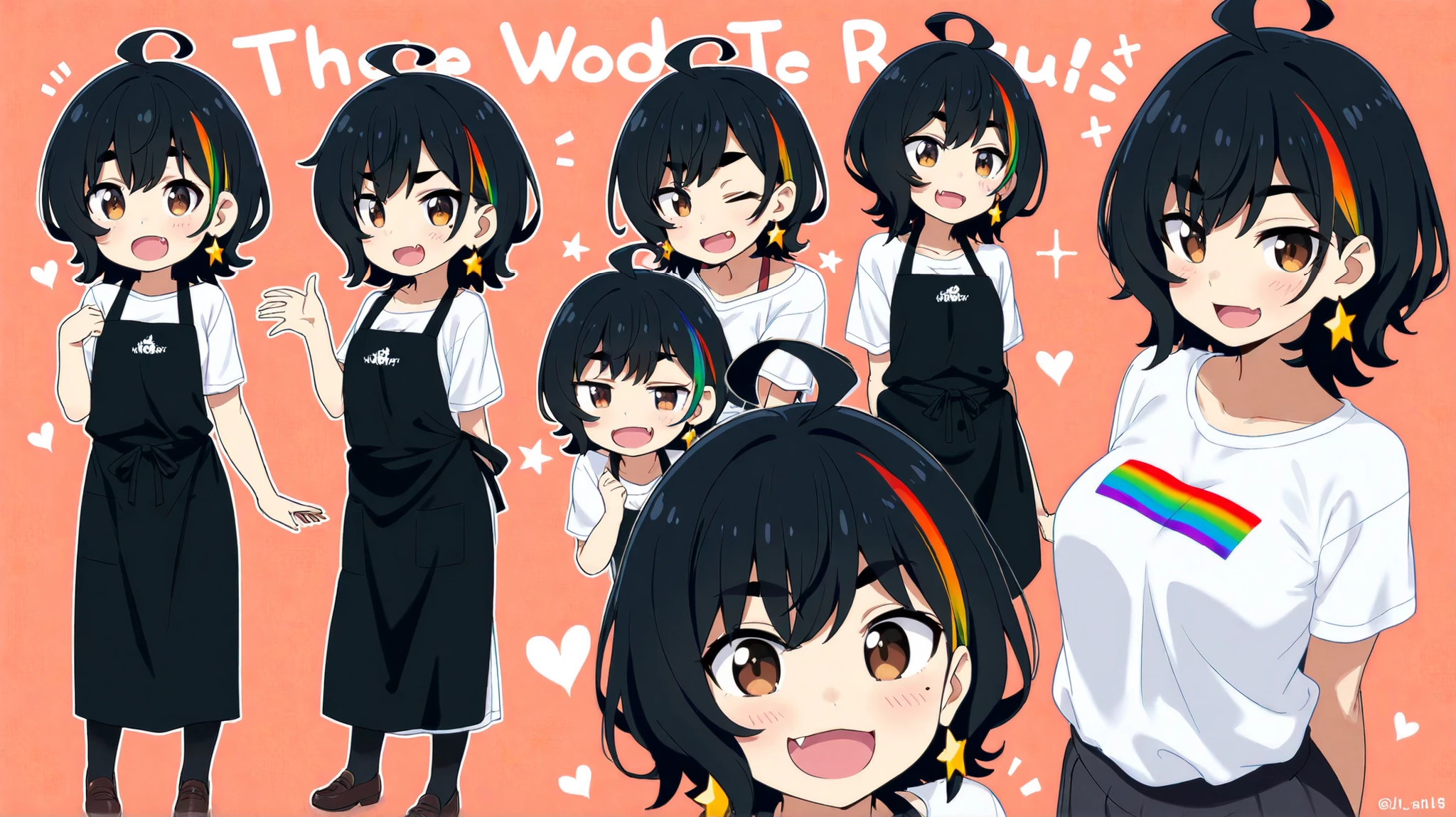 prompt
A super cute anime-style young woman with a slightly rounded heart-shaped face and soft, smooth black bobbed hair. She has clear golden streaks precisely in the strands of hair framing the sides of her face (in front of her ears), not all over. A prominent, curved single stray hair (ahoge) sticks out from the top center of her head. She has large, round, bright brown eyes with a hint of reddish warmth and sparkling highlights, framed by long lashes. There is a small distinct beauty mark (mole) under her right eye. Her eyebrows are neatly trimmed, slightly arched, giving a playful look. She wears a mischievous, open smile with a small, sharp fang clearly visible on the upper right side. Her cheeks are lightly blushed, expressing lively, playful and cheeky energy. She wears small, black star-shaped earrings. Her overall aura is bright, teasing, and full of curiosity. A super cute anime-style young woman with a slightly rounded heart-shaped face and soft, smooth black bobbed hair. She has clear golden streaks precisely in the strands of hair framing the sides of her face (in front of her ears), not all over. A prominent, curved single stray hair (ahoge) sticks out from the top center of her head. She has large, round, bright brown eyes with a hint of reddish warmth and sparkling highlights, framed by long lashes. There is a small distinct beauty mark (mole) under her right eye. Her eyebrows are neatly trimmed, slightly arched, giving a playful look. She wears a mischievous, open smile with a small, sharp fang clearly visible on the upper right side. Her cheeks are lightly blushed, expressing lively, playful and cheeky energy. She wears small, black star-shaped earrings. She wears a crisp white blouse, a stylish black apron with the word "Rainbow" clearly written on the  area and a colorful rainbow arching over the word, a fluffy black skirt, black sheer stockings, and brown loafers. Her gestures often include puffing her cheeks or flashing a smug peace sign