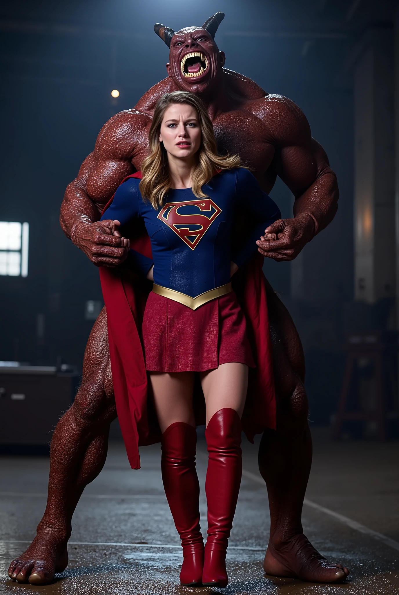 Melissa Benoist as Supergirl, she is screaming in pain, arms behind her back, try to resist, wearing a Supergirl costume, blue shirt and very short skirt, red high boots, she is harassed from behind by a huge body devil, A fierce devil is holding her arms tightly from behind, he bite her neck, whole body from head to feet are visible, in the factory, night time, bright spot lighting,