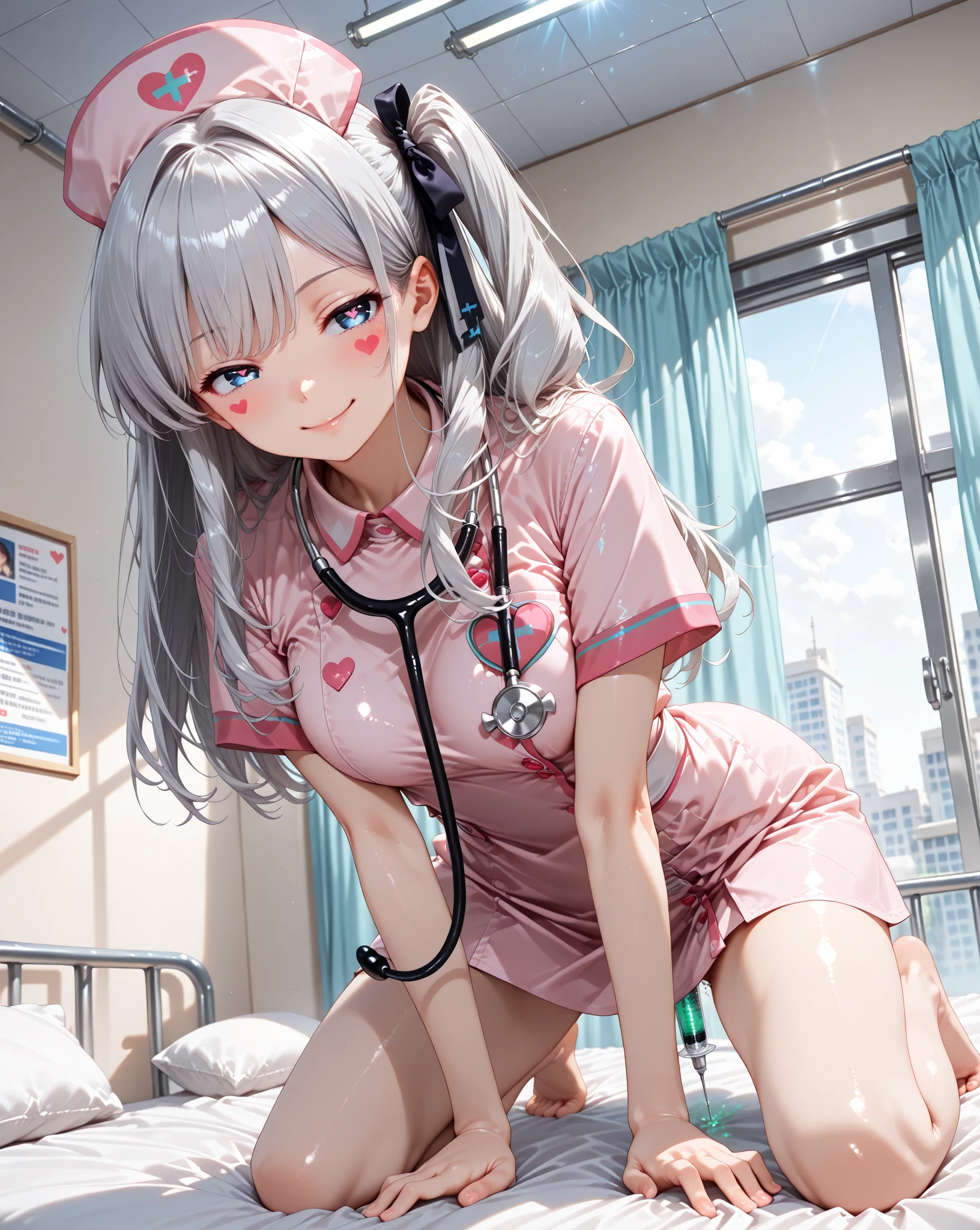 Best Anime 4K Section Wallpaper, Best Poster, Hospital, White Nurse Costume, Nurse Cap, Injection, Injection, Smile, Close-up of Feet, Big Feet, Poor Breasts, Wearing 40D Black Stockings, Delicate Face, Good-looking Eyes, Attractive Anime Girls, Delicate Details,