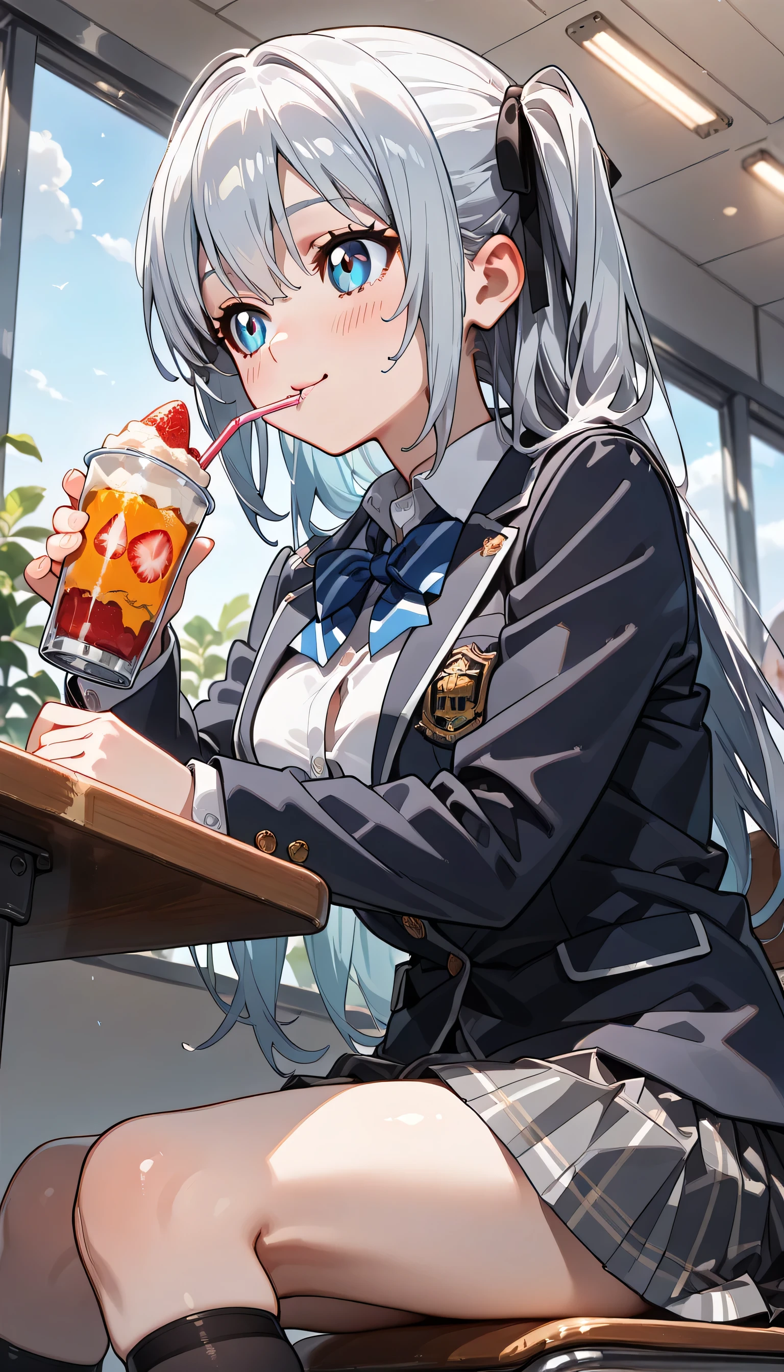 ((ultra-detailed)), (highly detailed CG illustration), (best quality:1.2), ultra-highly detailed, colorful composition, artistic photoshoot, 1girl, solo focus, thigh to top, cowboy shot, moe anime character, girl, dainty facial structure, baby face, round face, rounded chin:1.2, ideal ratio body proportions, blue eyes, long silver hair, two side up, hair ribbon with light blue, ample breast, school uniform, navy blue blazer, modern style with fitted jacket, light blue neck bow, long sleeves white frilled shirt, navy blue checked pleated skirt, and black high socks, looking away:1.3, delicious:1.4, smile:1.4, happy:1.4, joyful:1.4, puffy cheeks as eating, sit on the cafe terrace:1.4, eating strawberry parfait:1.4, parfait on the mint:1.4, holds a long handle spoon in right hand, from side, from below:1.4, best quality, masterpiece, expecting, pink cheek, blush, light pink gloss slip, portrait, depth of field, poured sunlight, sidelighting, shine, lighting, caustics, ray tracing, perfect face, lustrous skin, highly detailed face, highly detailed eyes, perfect face, perfect nose, perfect hair, perfect eyes, perfect anatomy, beautiful hair, beautiful small face, extremely detailed face, beautiful detailed eyes, beautiful clavicle, beautiful body, beautiful huge breasts, leavage, breasts squeezed together, equalize the size of the left and right breasts, beautiful thin thighs, beautiful legs, beautiful fingers, 4 fingers, 1 thumb, lovely, (very detailed background:1.0), (highly detailed background:1.0), intricate details, joyful atmosphere, colorful and sparkling colors palette, chromatic aberration