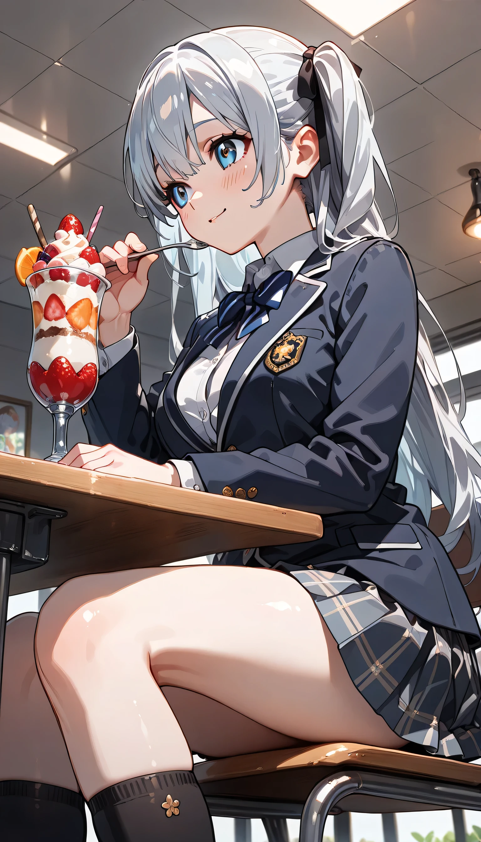 ((ultra-detailed)), (highly detailed CG illustration), (best quality:1.2), ultra-highly detailed, colorful composition, artistic photoshoot, 1girl, solo focus, thigh to top, cowboy shot, moe anime character, girl, dainty facial structure, baby face, round face, rounded chin:1.2, ideal ratio body proportions, blue eyes, long silver hair, two side up, hair ribbon with light blue,  ample breast, school uniform, navy blue blazer, modern style with fitted jacket, light blue neck bow, long sleeves white frilled shirt, navy blue checked pleated skirt, and black high socks, looking away:1.3, delicious:1.4, smile:1.4, happy:1.4, joyful:1.4, puffy cheeks as eating, sit on the cafe terrace:1.4, eating strawberry parfait:1.4, parfait on the mint:1.4, holds a long handle spoon in right hand, from side, from below:1.4, best quality, masterpiece, expecting, pink cheek, blush, light pink gloss slip, portrait, depth of field, poured sunlight, sidelighting, shine, lighting, caustics, ray tracing, perfect face, lustrous skin, highly detailed face, highly detailed eyes, perfect face, perfect nose, perfect hair, perfect eyes, perfect anatomy, beautiful hair, beautiful small face, extremely detailed face, beautiful detailed eyes, beautiful clavicle, beautiful body, beautiful huge breasts, leavage, breasts squeezed together, equalize the size of the left and right breasts, beautiful thin thighs,  beautiful legs, beautiful fingers, 4 fingers, 1 thumb, lovely, (very detailed background:1.0), (highly detailed background:1.0), intricate details, joyful  atmosphere, colorful and sparkling colors palette, chromatic aberration