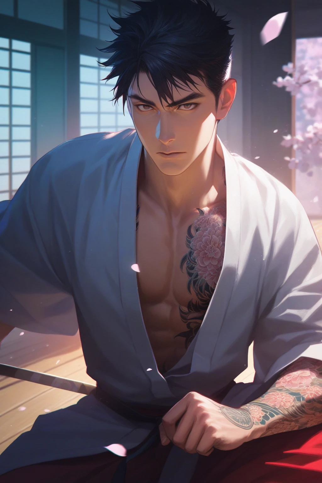 Ultra detailed, Highres, absurdres, HDR, Kurosaki Ichigo, orange hair, expressive brown eyes, park, fountain, Bleach, pink flowers, petals, sexy man, handsome, solo, very detailed eyes and face, butterflies, black clothes with patterns, master piece, toned chest, cherry blossoms
