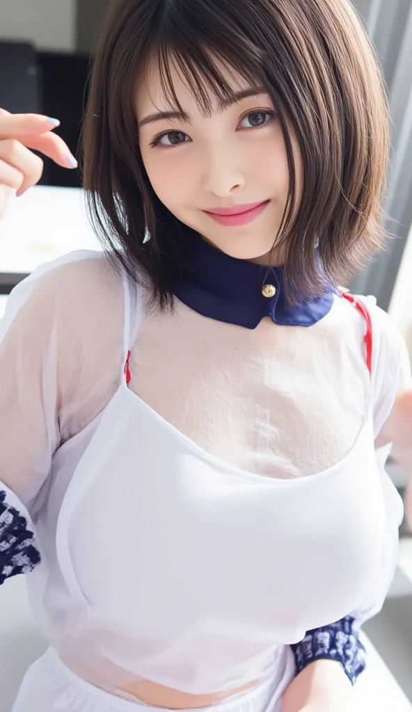 ((beautiful eyes with fine detail)), realistic skin, (intricate details), best lighting, depth field, ((ultra high resolution, high res)), {highres}, {{very fine 8KCG wallpapers}}, {{very precise detailed}}, ((((masterpiece)))), nsfw, 1girl,teenager, Blushing, smile, ((japanese uniform)),((showing nippls)), (small breast), ((navy blue pleated miniskirt)), ((skirt lift:1.7)), (tie),black socks, (panties), (((smartphone,selfie))), japanese high school classroom