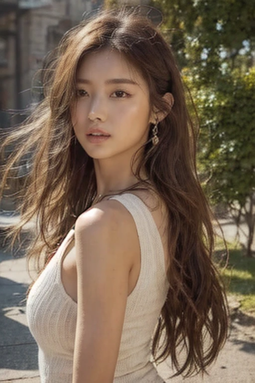 a beautiful young woman with hippie-style hair and dress, detailed eyes and lips, cinematic 8K resolution, photorealistic, shine body,