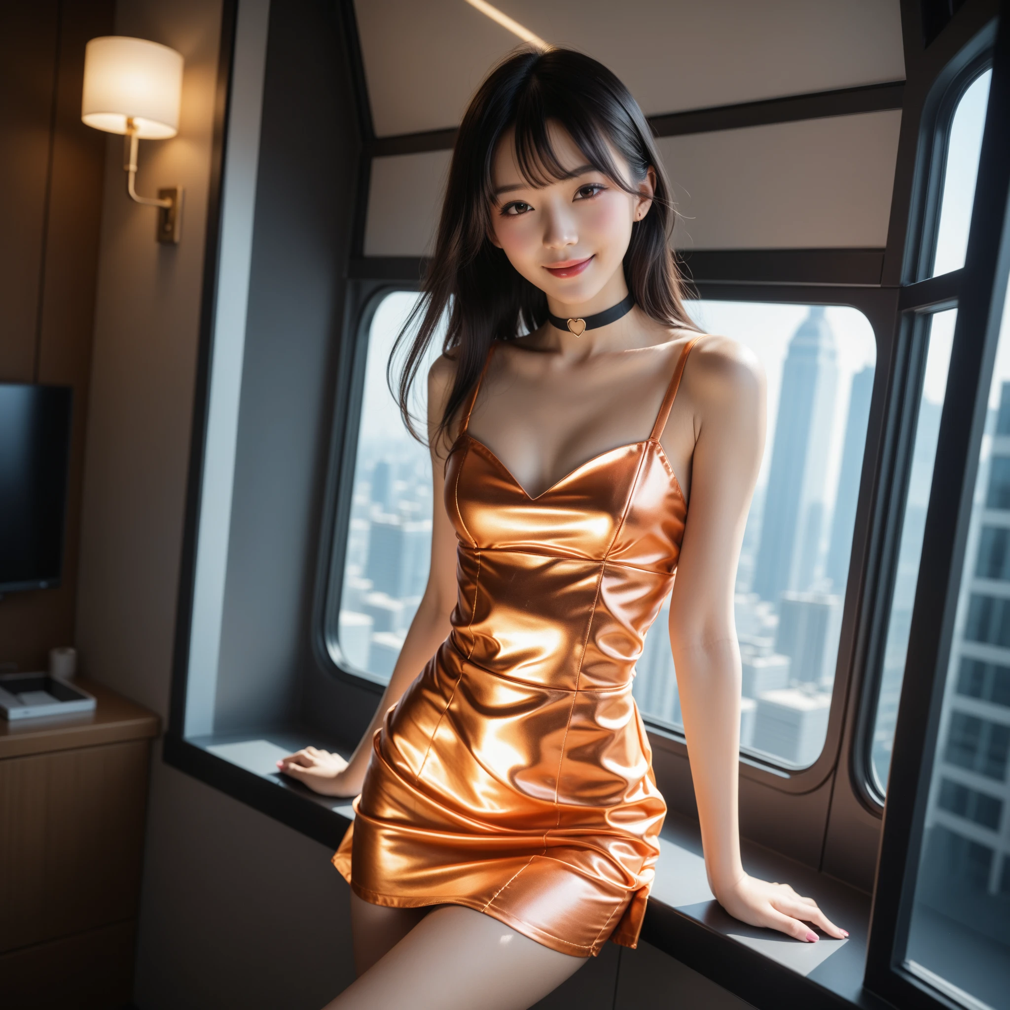 rating_safe, lovehotel, reflection ground, glowing bed, sitting, 1girl, close up, from front, looking at viewer