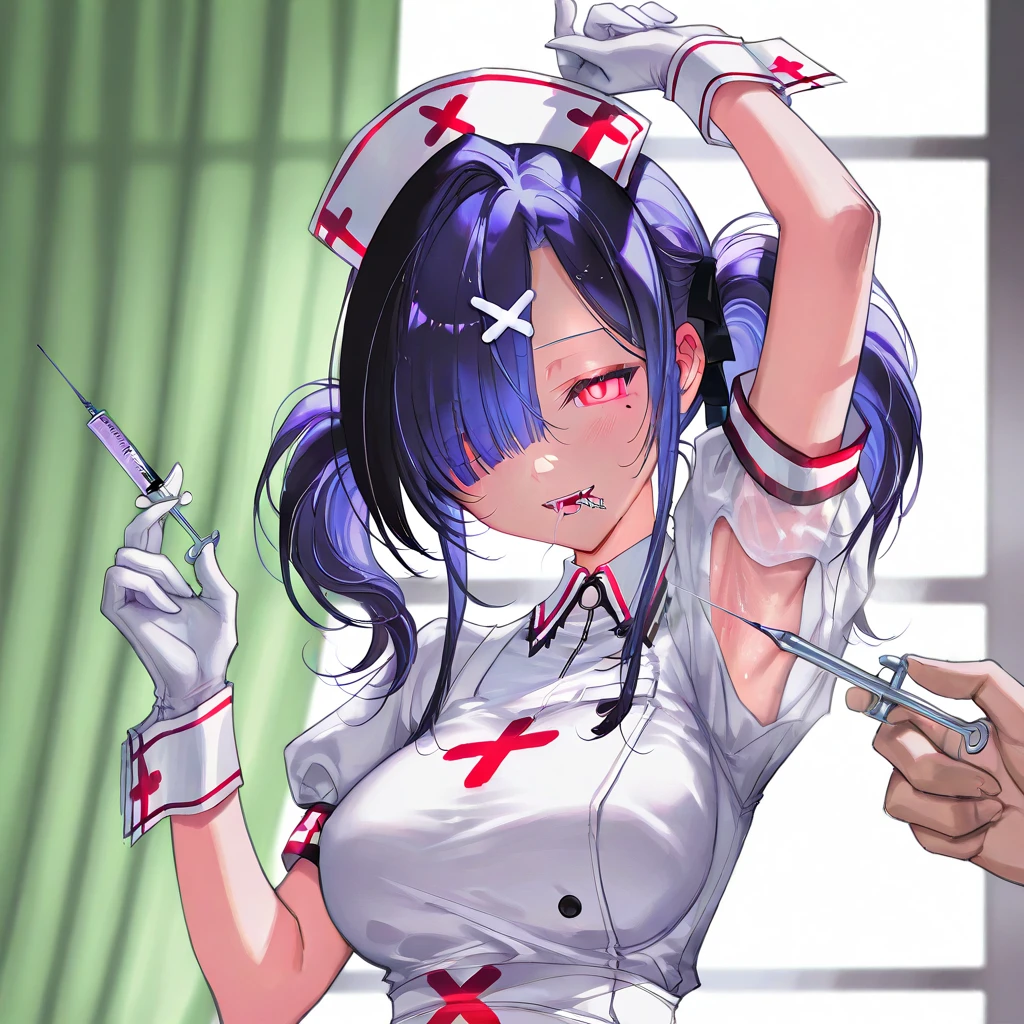 , A solo shot featuring valentineSG, 1girl, solo, red eyes, breasts, absurdres,   large breasts, gloves, cleavage, standing, ((loose hair, alternate hairstyle)), shoes, white gloves, hair over one eye, high heels,  mask, (((medical eyepatch, surgical mask))), wide hips, nurse cap,  nurse, narrow waist, red cross, ((blood, blood on clothes, blood splatter,)  a DJ, showcasing her skills on the turntables at a vibrant rave.