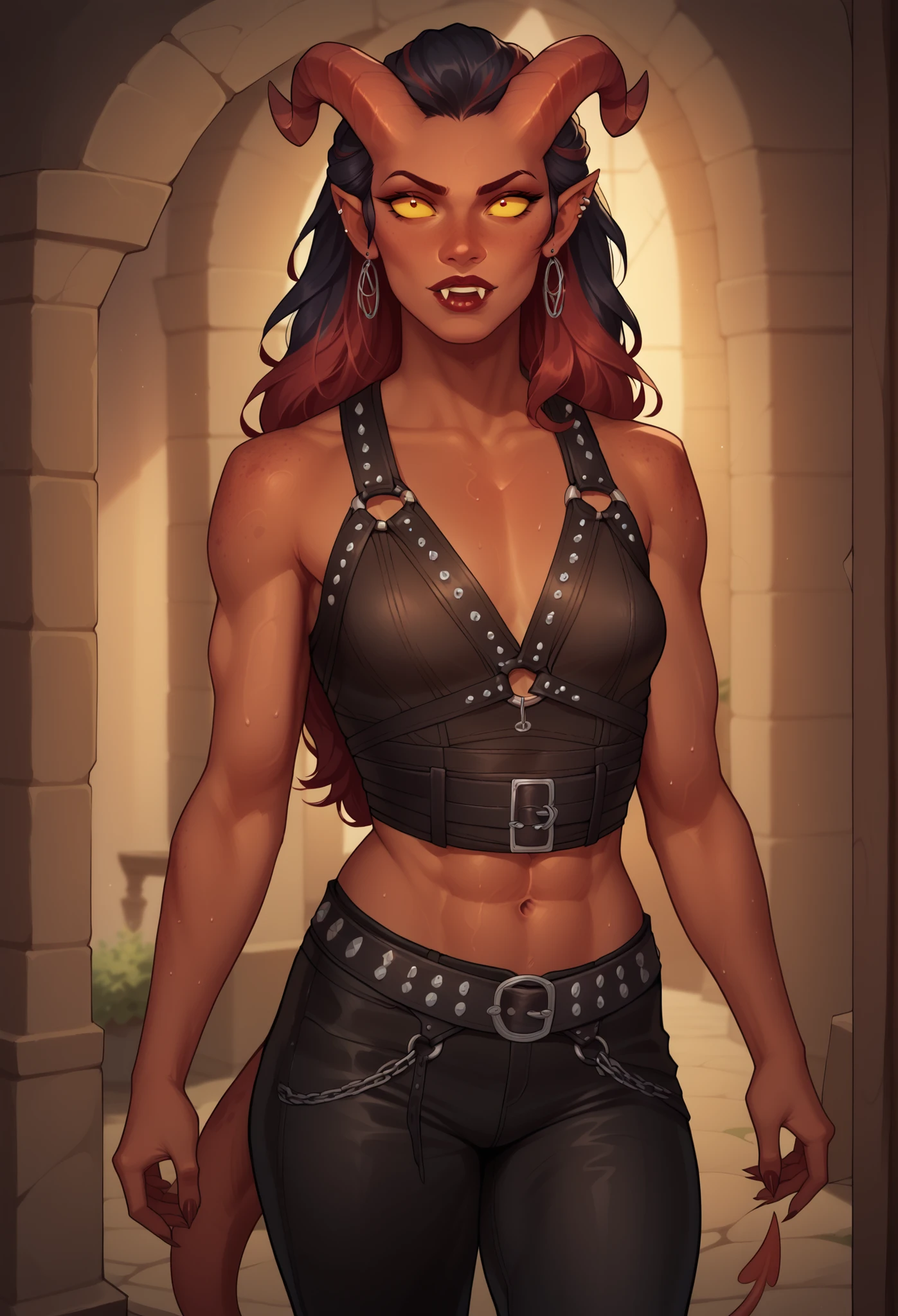 (((beautiful, high quality, comics style, detailed face))), score_9, score_8_up, score_7_up, masterpiece, best quality, unrealistically high details, extremely high quality, ultra-high detail, good anatomy, rating_explicit, perfect anatomy, anatomically correct hands:1.5, blurred background, detailxl, DeepNegative_xl_v1, zPDXL3, Score_PnyReal, deep_negative_pony, cowboy shot:1.5, view from above BREAK solo, 1woman, tiefling, horns, tail, muscles, small breasts, studded leather harness, hide pants, fur sash, dark red hair, messy long hair, ear piercings, fangs, red lips, blank eyes, yellow sclera, thick abs, (face near viewer) BREAK (expressive face, expressive body, expressive emotions, dynamic pose, intense gaze, lively eyes, detailed facial expression, engaging presence:0.5).