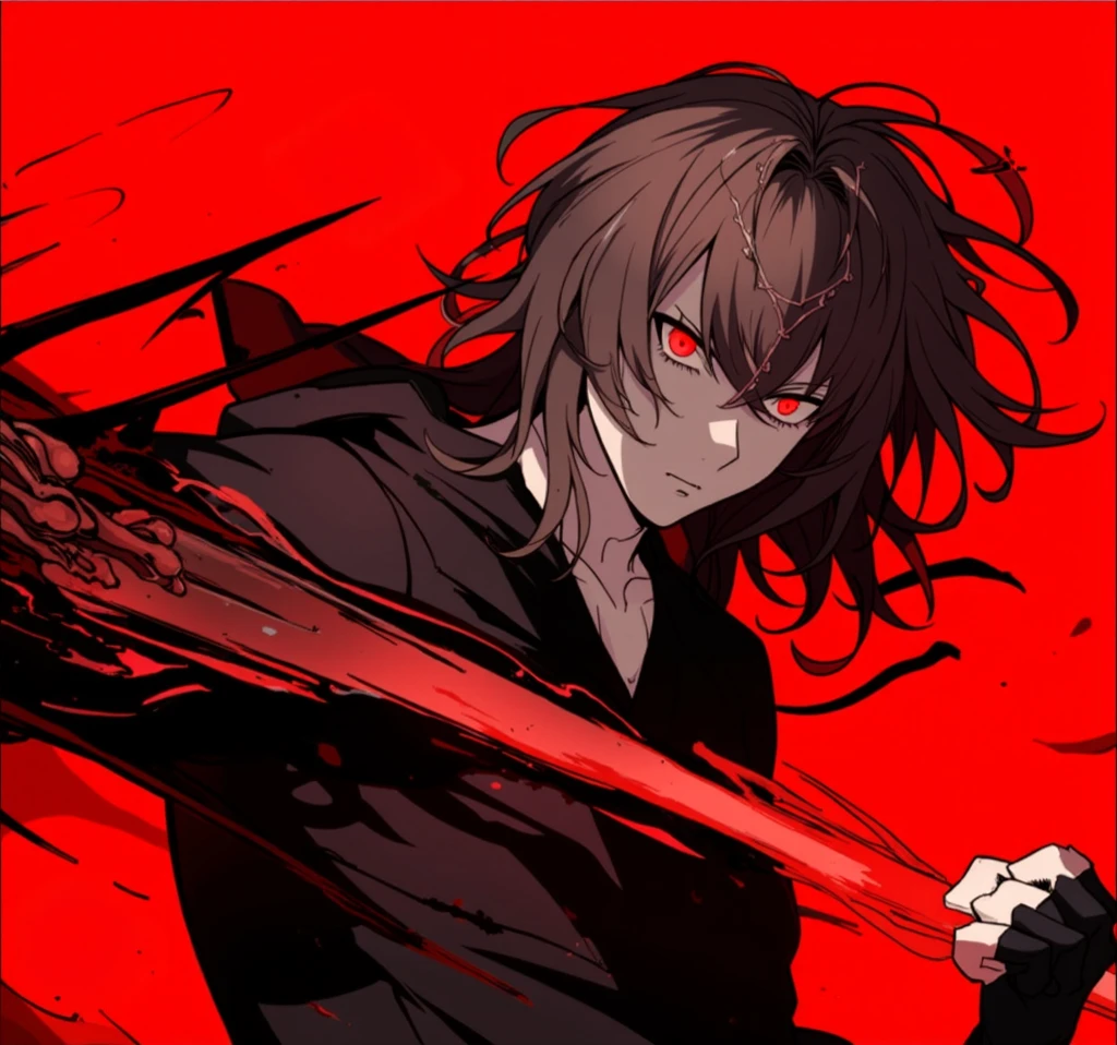 Ecchi anime style, 1 chico, man, black hair, disheveled hair, Red eyes, carefree look, pose sexy, defined body, White polo shirt, long sleeves, blood stains, shadows,