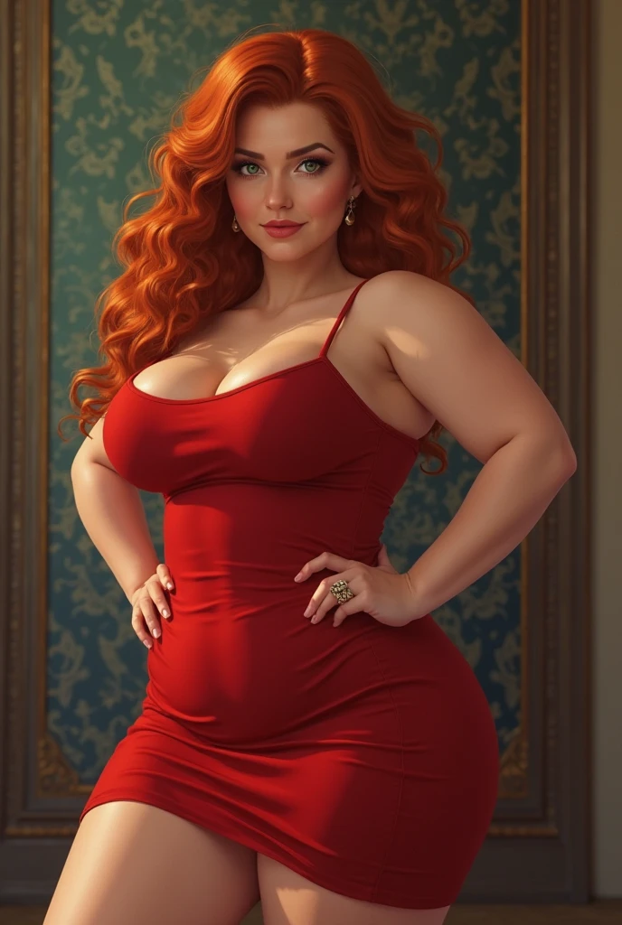 Curvy red-headed woman, clad in a vibrant dress that hugged her voluptuous figure, poses confidently with a smoldering gaze. Her fiery red curls cascade down her shoulders, framing her captivating face. The play of light and shadow enhances the photorealistic details of her porcelain skin, every pore and freckle meticulously rendered.
