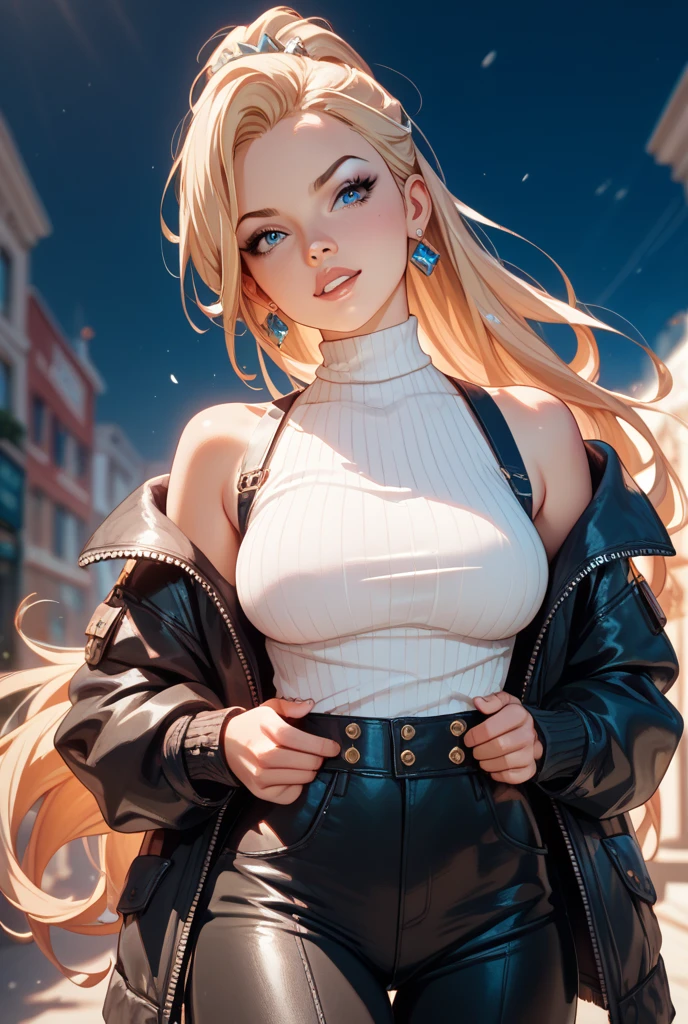 #Basics A girl is posing for a photo, animeのかわいい女の子, (((One Girl, Baby Face, Young girl, 16 years old))),
BREAK
#Clothing Accessories
(White high neck knit sweater + Roll up your sleeves + Tight fit at the waist with a black belt + black leather pencil mini skirt + Shiny and sheer black pantyhose, Lace-up boots),
Red gemstone earrings, fancy silver necklace,
BREAK
#Features
((Blonde)), (Bangs that expose the forehead, Beautiful forehead), Curly hair, (Long Hair : Standard length hair + Fuller Hair + Hair curled outside + Thin Hair),
(Droopy eyes, blue eyes), (Small breasts), ((Tanned and dark skin:1.4)),
BREAK
#background environment
(noon、(Stone path lit by sunlight, garden, A rural townscape can be seen in the background.)),
#Facial Expression Pose
((Wicked Smile), (A powerful walking pose with arms naturally hanging down at the sides)),
#composition
((Face the camera, Cowboy Shot)),
BREAK
#Body parts elements
(Detailed hair, Beautiful Hair, Shiny Hair),
(double eyelid, Long eyelashes),
(Expression of fine eyes, Beautiful and delicate eyes, Sparkling eyes, Eye Reflexes, Glitter Eyeliner),
(Human Ear),
(Beautiful Nose, Thin Nose),
(Glossy lips, Beautiful Lips, Thick lips, Glossy Lips, Natural Cheeks),
(Detailed face, Symmetrical facial features),
(Detailed skin, Textured skin, Beautiful Skin, Shiny skin),
BREAK
#Quality
(((Highest quality)), ((masterpiece)), ((Very detailed))), ((High resolution), (16K,1080P)),
(Realistic), (Anatomically correct),
((comics, anime)), (3DCG), CG illustration,