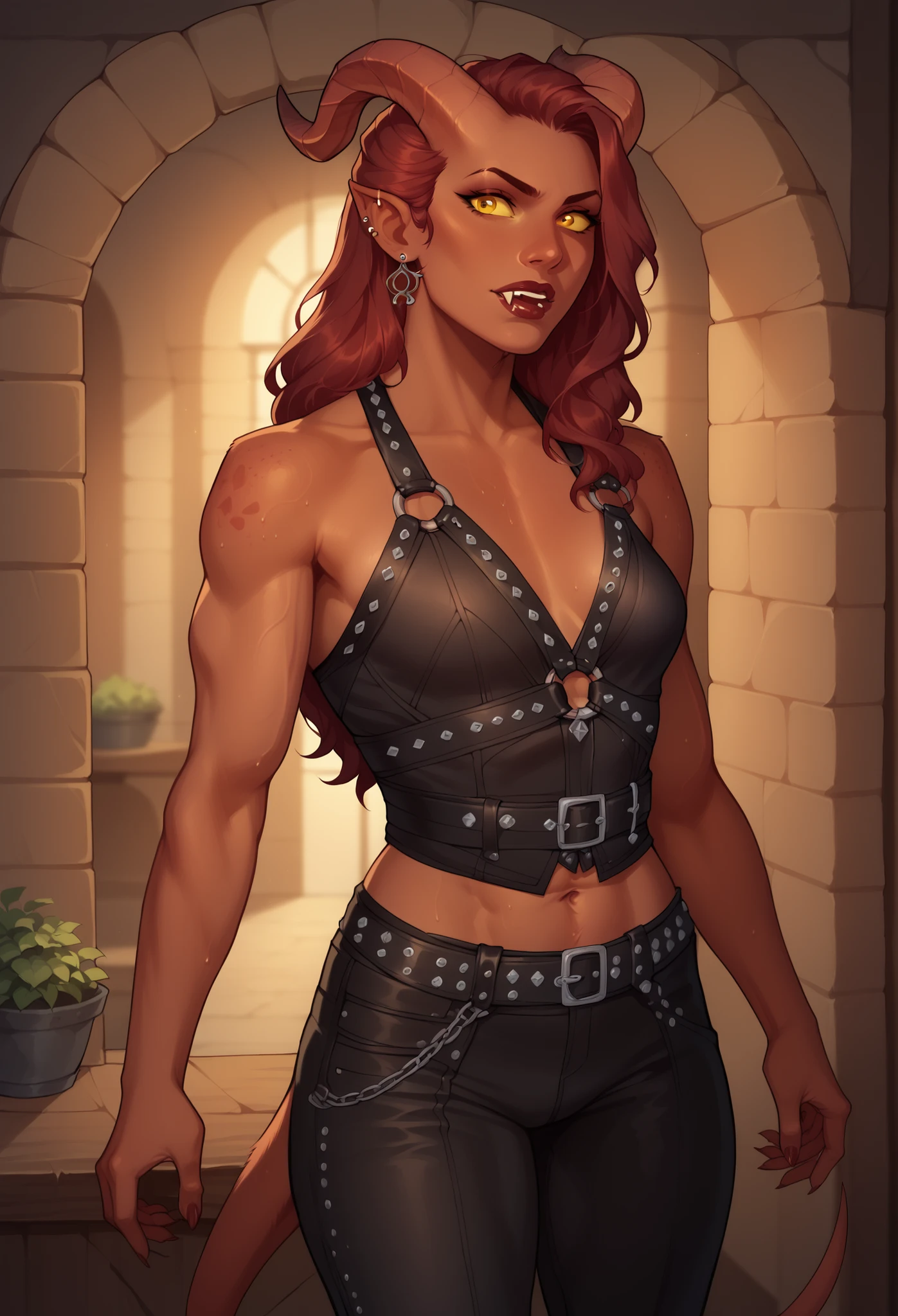 (((beautiful, high quality, comics style, detailed face))), score_9, score_8_up, score_7_up, masterpiece, best quality, unrealistically high details, extremely high quality, ultra-high detail, good anatomy, rating_explicit, perfect anatomy, anatomically correct hands:1.5, blurred background, detailxl, DeepNegative_xl_v1, zPDXL3, Score_PnyReal, deep_negative_pony, cowboy shot:1.5, view from above BREAK solo, 1woman, tiefling, horns, tail, muscles, small breasts, studded leather harness, hide pants, fur sash, dark red hair, messy long hair, ear piercings, fangs, red lips, yellow eyes, yellow sclera, thick abs, (face near viewer) BREAK (expressive face, expressive body, expressive emotions, dynamic pose, intense gaze, lively eyes, detailed facial expression, engaging presence:0.5).