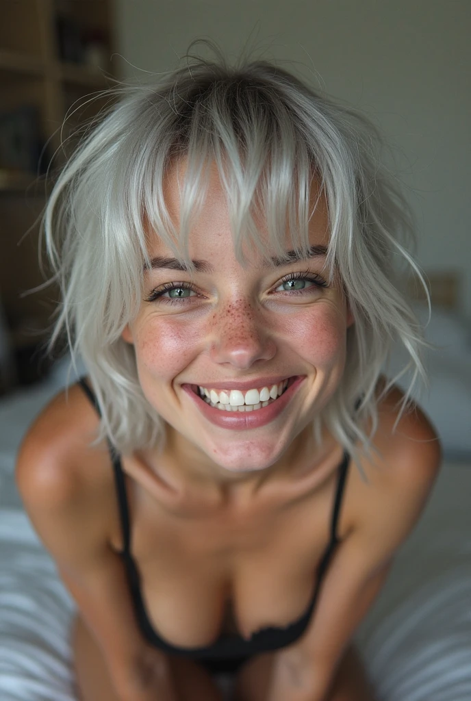 young woman, fine facial features, slim, with freckles, very flirtatious, emo punk hair style, expression of delight, excitement and pleasure Albina, blaca, flushed, Platinum gray hair That looks like a photo taken by her boyfriend and seen from his perspective Her riding the one taking the photo Marked abs In underwear Paler With whiter skin