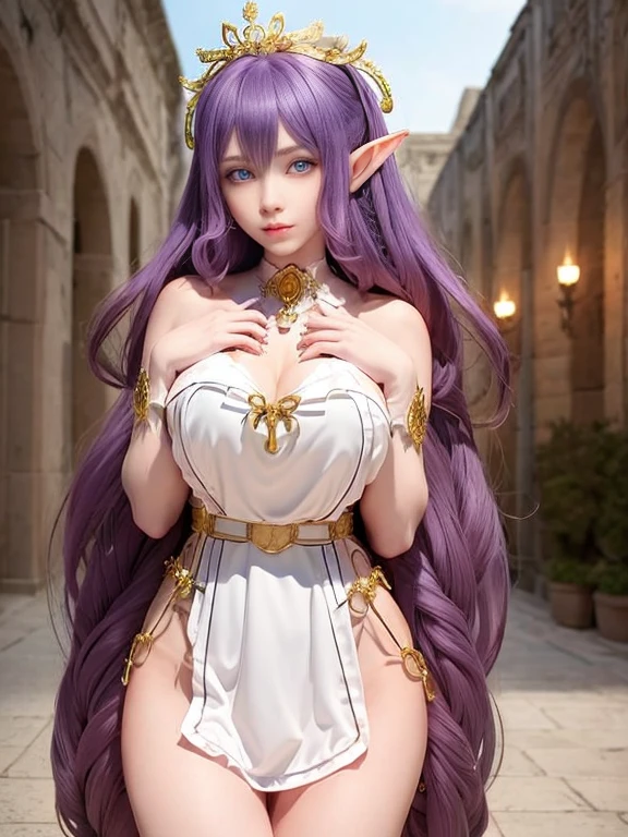 ((Best quality, masterpiece, 4k, best anatomy)), cute girl, (violet hair), ((very long curly hair)), perfect face, (yellow eyes), ((naked)), ((flat breasts)), ((21 years old)), skindentation, extreme detail, attractive angular face, red lips, pink nipples, glossy skin, detailed hair, face focus, close-up chest, ornamental gold necklace, gold earrings, ((1 girl)), embarrassed expression, elf ears, innocent smile, (()), ((slender)),