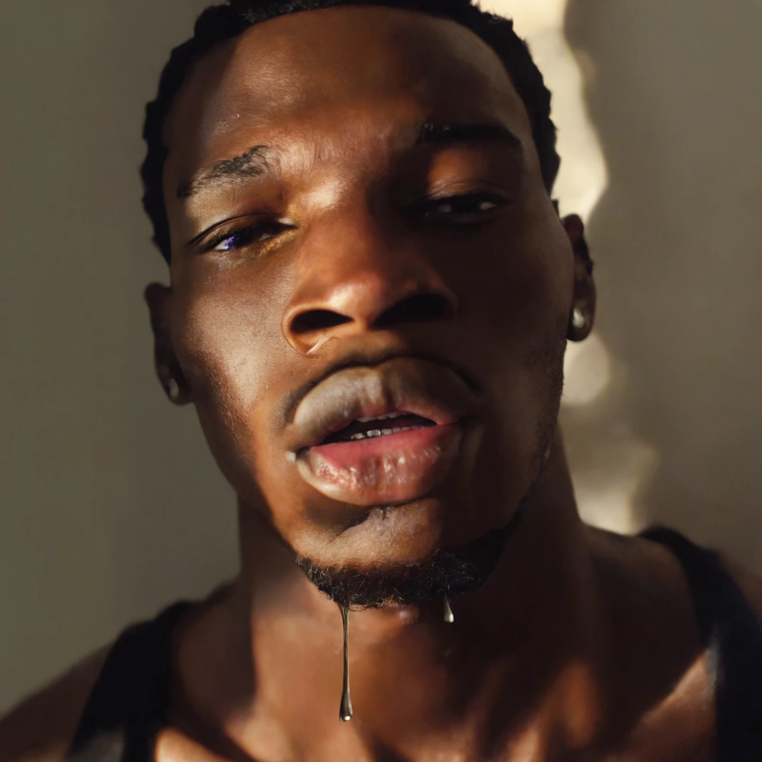 hight resolution, 8K, Surreal portrait of handsome black man with tattoos, Well-defined muscles, Exquisite facial features, is fully、But wearing underwear and sneakers. The background is full of vivid and colorful tattoos. Use the style of post-impressionist painters like Vincent van Gogh and Paul Gauguin. Include elements of surrealism and hyperrealism.
