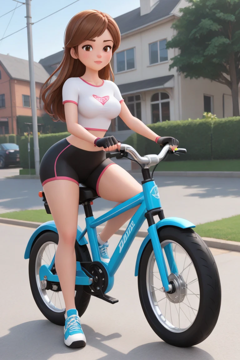 A cute woman in bike shorts and tank top, on her bicycle casually riding, crowded street of Bangkok