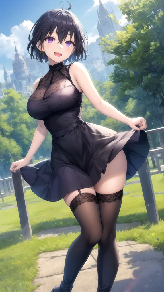 masterpiece, best quality, extremely detail 8k cg, high resolution, 1girl, yuugao, solo, purple hair, long hair, sidelocks, brown eyes, perfect eyes, slim body, huge breasts, bursting breasts, lacasindress, black thighhighs, cleavage, outdoors, garden, beautiful face, full shot photo, full body