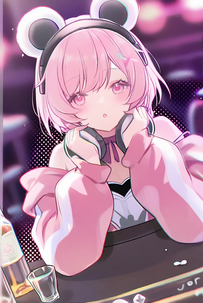 ((masterpiece, best quality)), (1girl), (solo), (female focus), (sexy), (ahoge, pink hair, short hair), pink eyes, light smile, ((pink shirt), (sexy shirt)), ((black skirt), (short skirt)), standing, looking forward, bottomless