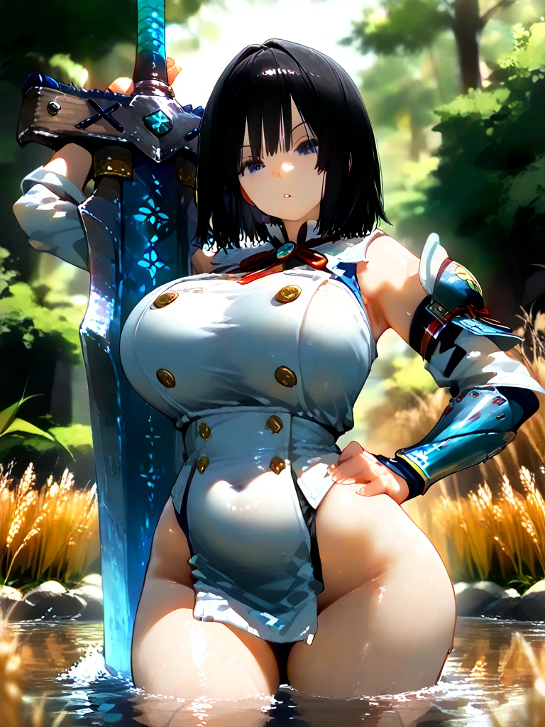 (masterpiece:1.2), (highest quality:1.2), Upper body, perfect eyes, perfect face, perfect lighting, mountainous horizon, 1 girl, 1 boy, black hair, blue eye, ((very short back hair)), blunt bangs, cute eyes, Medium chest , ((From the side)),From above, open mouth, vivid description,orgasm, I was scared, Ahegao, smile+Happy, tooth, anger, From the side, sitting, (((white bikini armor))), ((disdain)), (((((cum on body))))), (((glaring)))