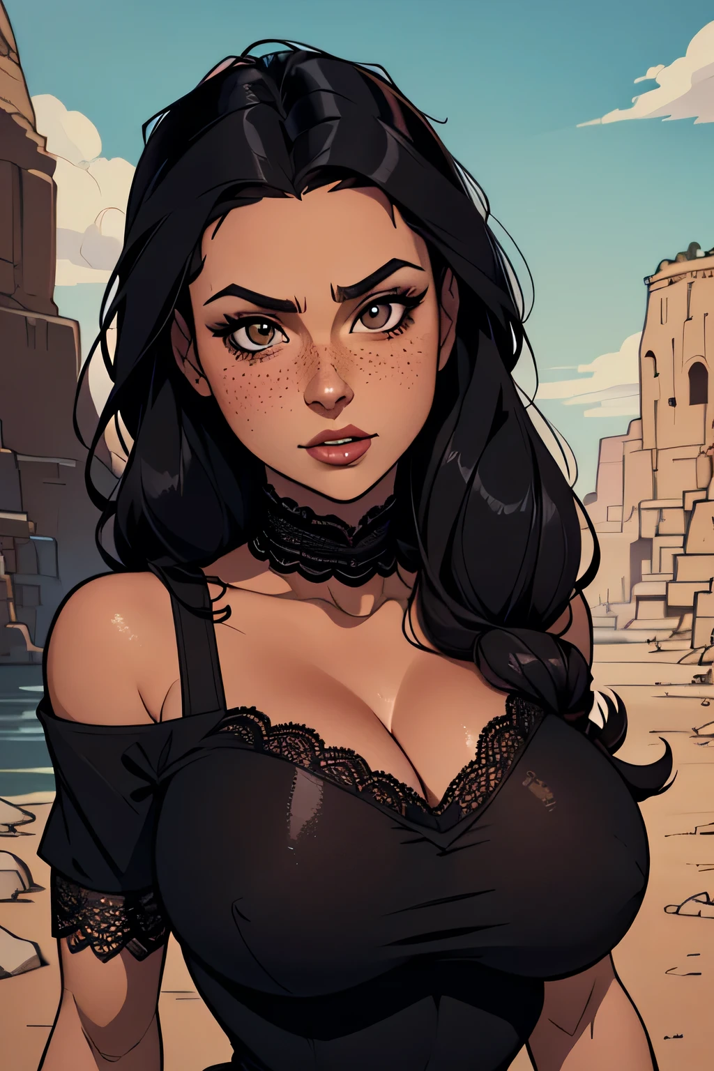( Absurdo, hd , Ultra detailed, be careful with your hand ) Close-up view of a slim and athletic woman, 25 anos, 8k (( high definition )), thoughtful face, look seductive, brown eyes sweater, wearing a long royal black high-waisted dress (( with lace V-neck , renda chantilly, short sleeves )), thin waist, arms at her sides, pele branca, straight black hair (( up to the shoulders )), It is in a cave (( upper body )), with freckles on the neck and breasts , (( big round breasts, suaves )), (( Well defined collarbone)). Marvel style (( hq )), cave in the background.