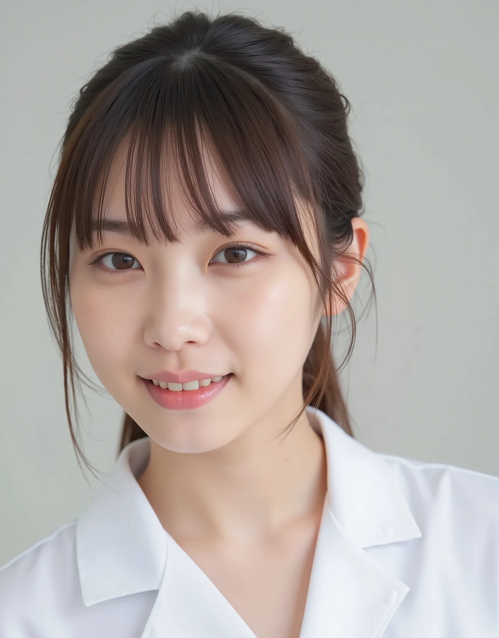 The face of a young and beautiful Japanese female nurse. She is wearing a plain white nurse's uniform and smiling gently. A photo she took of herself with her smartphone. Ultra-high resolution, ultra-high quality photo.