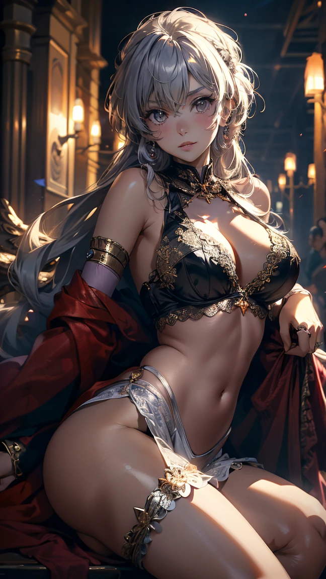 ((Ultra high resolution, 8K RAW photo, super realistics)), ((correct anatomy:1.5, ideal ratio of body proportions)), dancing Oppai gal, swinging boobs, stepping hard, leg up, long wavy hair, silver hair, crimson mesh hair, floating hair, fluttering hair, (high detailed face, super detailed eye), (sfw:1.25), belly dance, Arabian, delicate detailed clothes and accessories, see-through clothes, mesh robe, great festival show, indoors, in a temple, special altar, sexy dance, leaning backward, showing off crotch, looking at viewer, sexy smile, dutch angle, from below, side view, floating extra see-through clothes, splash, bokeh, extra floating see-through clothes,