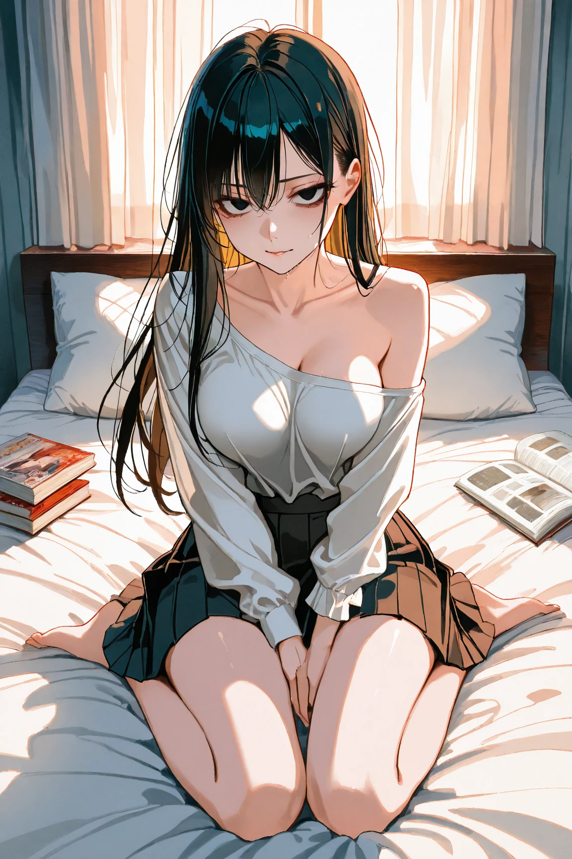 masterpiece, best quality, illustration, highly detailed, chitanda_eru, beautiful detailed eyes, cheerleader, sitting, bed, lingerie