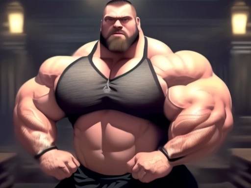 A close up photo of yami sukehiro, muscular, huge muscles, hyper muscles, hyperrealistic, goatee, thick beard, shirtless