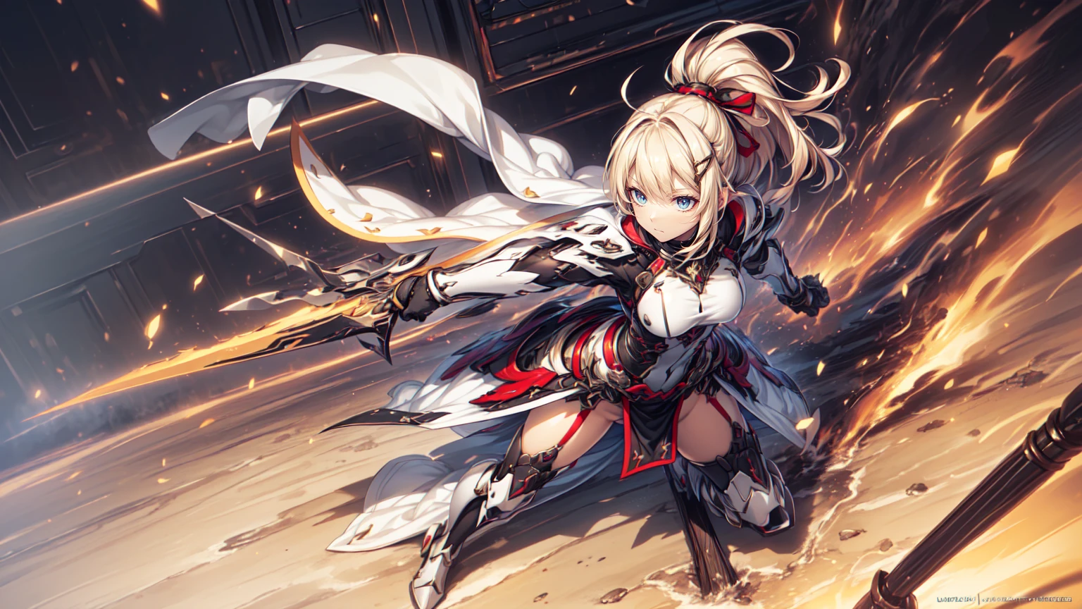 Noisy battlefield background, single, white translucent hooded kimono, crop navel, blonde, katana, heroic royal sister, ark of tomorrow, best quality, high resolution, best quality, high quality, detailed key anime art, best anime