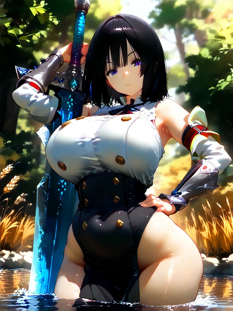 1girl, solo, ninja, forest, trees, Japan, medieval, ((black hair)), ponytail, large breasts, ((black shirt)), ((unbuttoned shirt)), unbuttoning buttons, popping buttons, ((short sleeved shirt)), cleavage 1:3, purple eyes, ((black shorts)), grin, standng, hair ribbon, samurai sword, katana, looking at the viewer