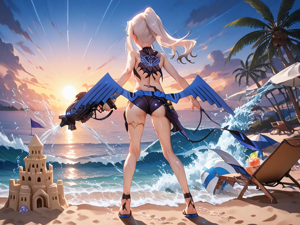 (masterpiece), (Highest quality), (High resolution, High Resolution), (Super detailed), (kitagawa marin), 1girl, (platinum blonde hair), (Very long hair with loose curls), Loosely swayed bangs, ((Hot pink mesh)), multicolored hair, (red eyes:1.2), Detailed eyes, Earrings, Earrings, jewelry, necklace, ((Detailed face)), (very cute expression), (A sloppy smile:1.2), Grin, ((White competitive swimwear)), ((White dress_Swimwear)), Wet with sweat, (tan skin:1.2),A lively 15-year-old gal, B86, W58,H85, Model Body Type, Very beautiful proportions, Gravure model photography, Depth of written boundary, (Perfect Anatomy:1.2), The subject looks back, Adjusting the fabric of the buttocks of competitive swimwear, Diagonal angle from behind, Pay attention to the face and butt, bare hands,Please put your hands on your buttocks, Tempting, (Heart effect:1.3), absurdes, one-piece_swimsuit, shirokoswimsuit, Close-up, nicebeach, Outdoor, ((Beautiful ocean with waves reflecting sunlight)), (Walking on seawater), I can see the horizon and the sky, The subject is in the center of the screen,