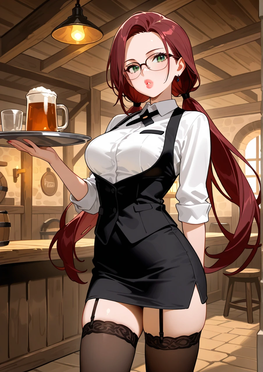 (((masterpiece、Highest image quality、highest quality、highly detailed unity 8kwallpaper)))、(((Illustration of one girl)))、(adventurer)、(((neutral)))、cool、((red hair、long hair))、golden eyes、((tall))、(((muscular and strong body、muscle girl、muscle)))、(((manspreading、sitting in a chair)))、(((Clothing in the style of the Middle Ages、adventurer風の服、adventurer風の装備)))、(Medieval tavern、Liquor bottle on the table)