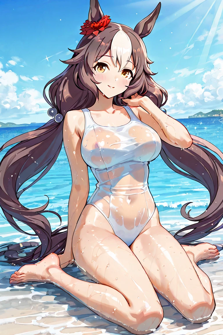 (masterpiece, best quality, ultra-detailed CG unity 8k wallpaper),(extremely delicate and beautiful),(1girl), amber, heart, luscious curves, sexy, (wet clothing:0.9), the beach at dawn, wearing a tight white leotard swimsuit, serene pose