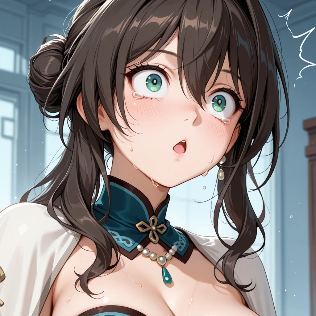 High detailed, kimtag, 1 girl, light green colored eyes, sepia colored hair, long hair, face-framing Bangs, busty, plump body, pink genetics's uniform, Juliet sleeves, ribbon, deep cleavage, white skirt, genetics's uniform, juliet sleeves, Ribbon, genetics's uniform, busty