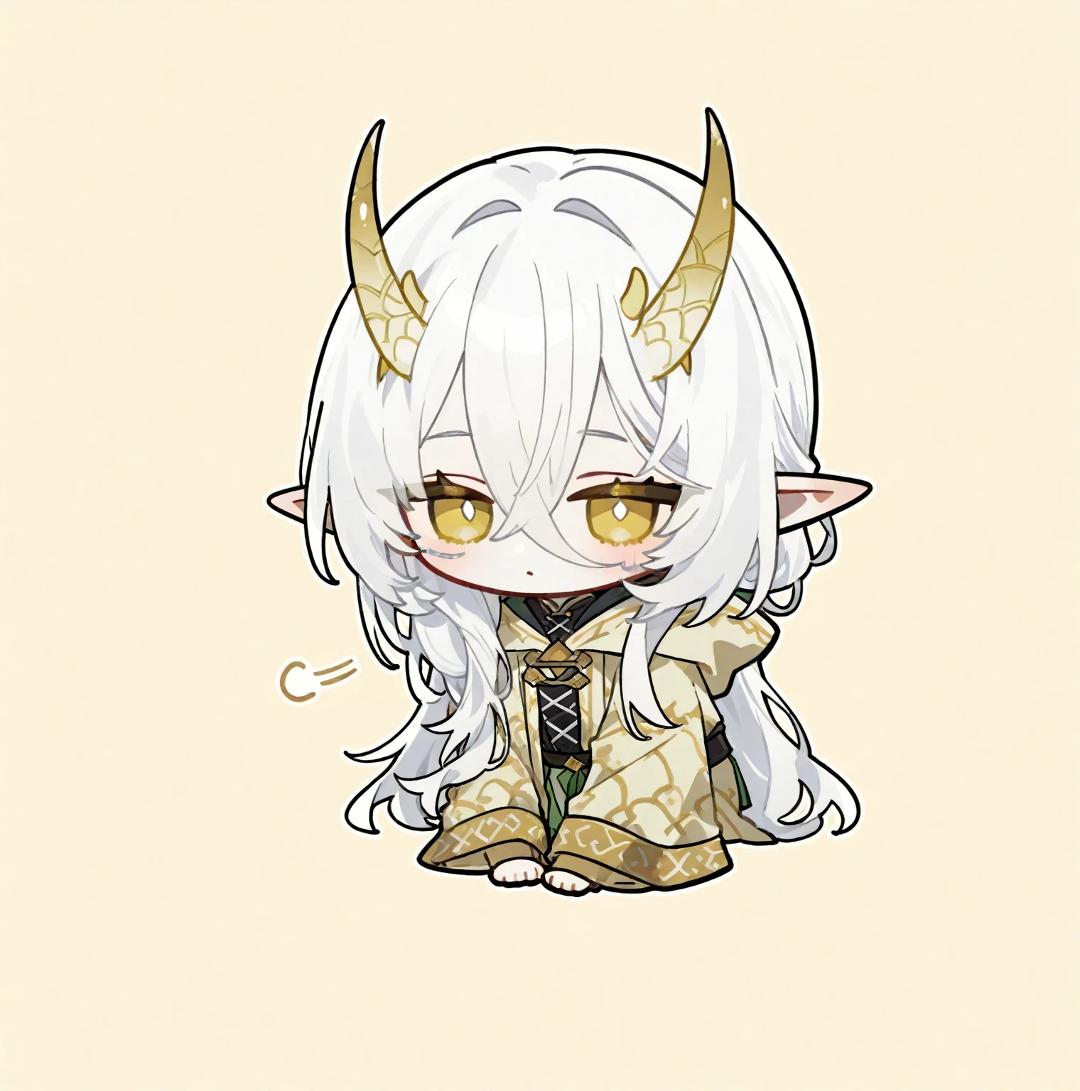 1girl, white hair,long hair, pale skin, elf ears, yellow eyes, yellow horns, fancy Gray Robe, hood, chibi